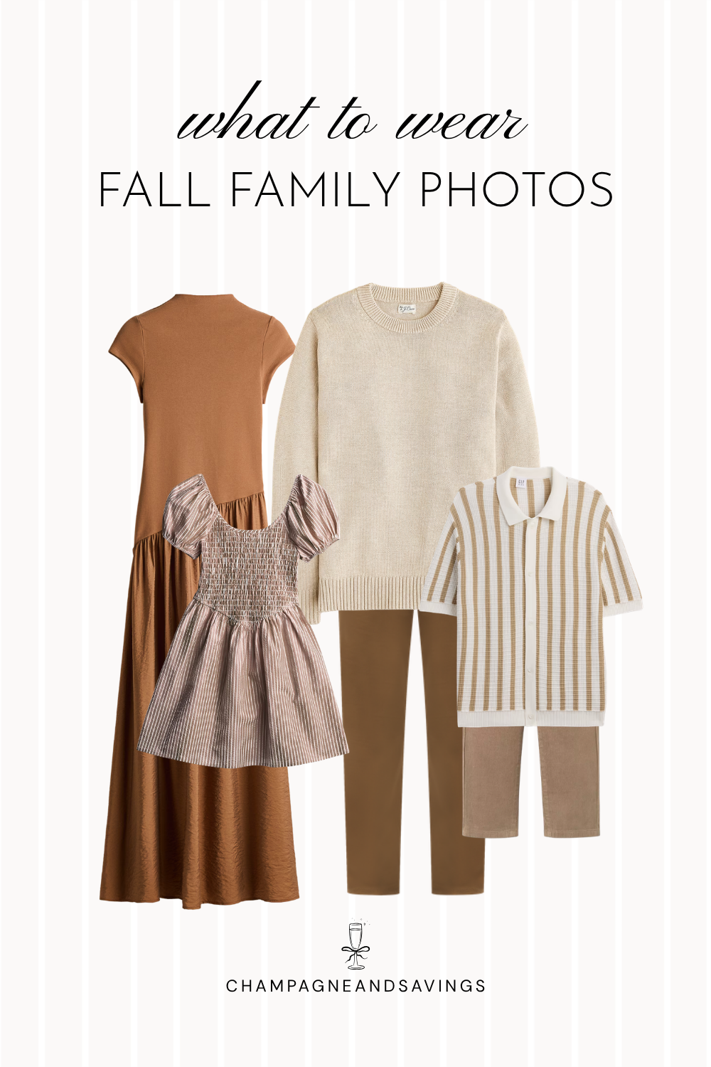 Collage of outfit pieces for a fall family photo color scheme featuring rust and caramel pieces for a warm, cozy autumn-inspired family photo look.
