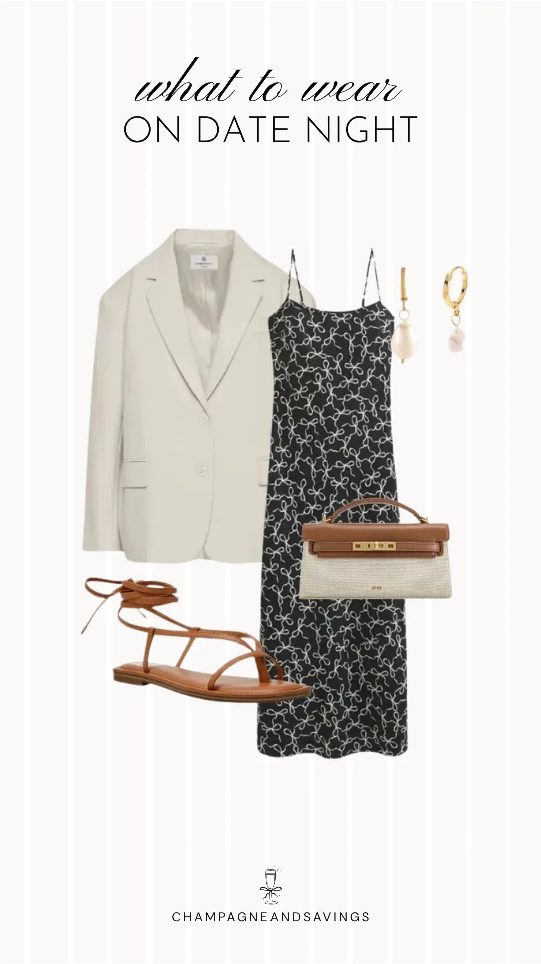 Collage of outfit pieces featuring a bow print slip dress styled with an oversized blazer and lace up sandals for a chic fall date night outfit idea.