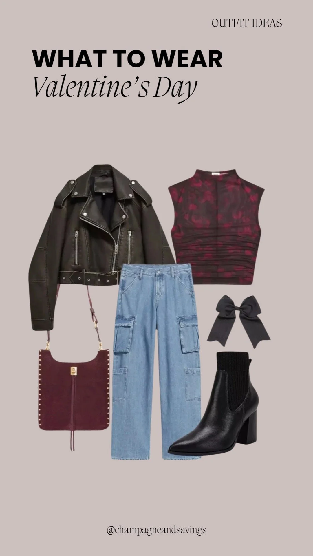 Cool girl Valentine’s Day outfit styled with a leather jacket for an edgy yet chic look.