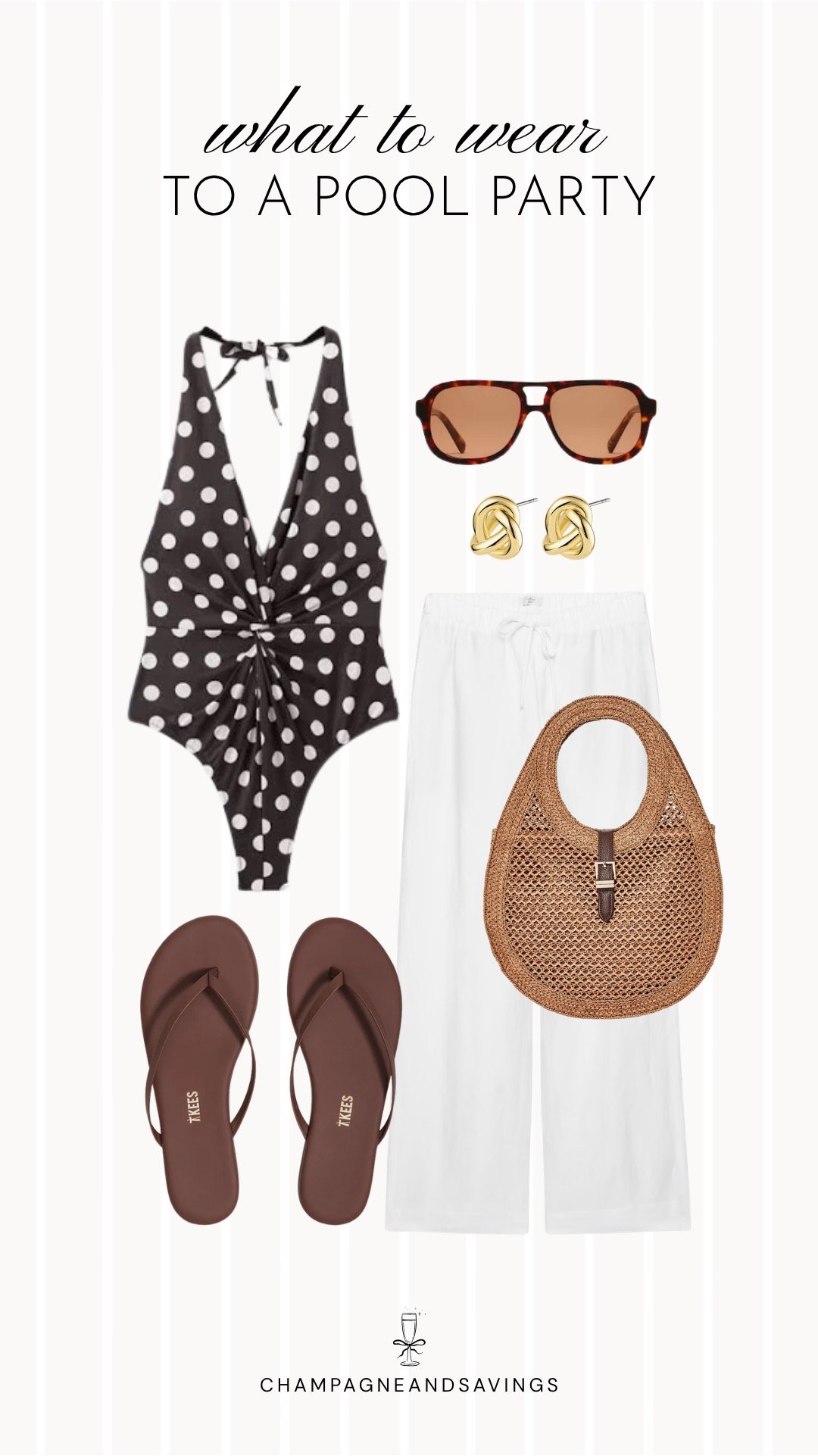 Collage of outfit pieces featuring a polka dot swimsuit styled with white linen pants for a chic and timeless pool party outfit idea.