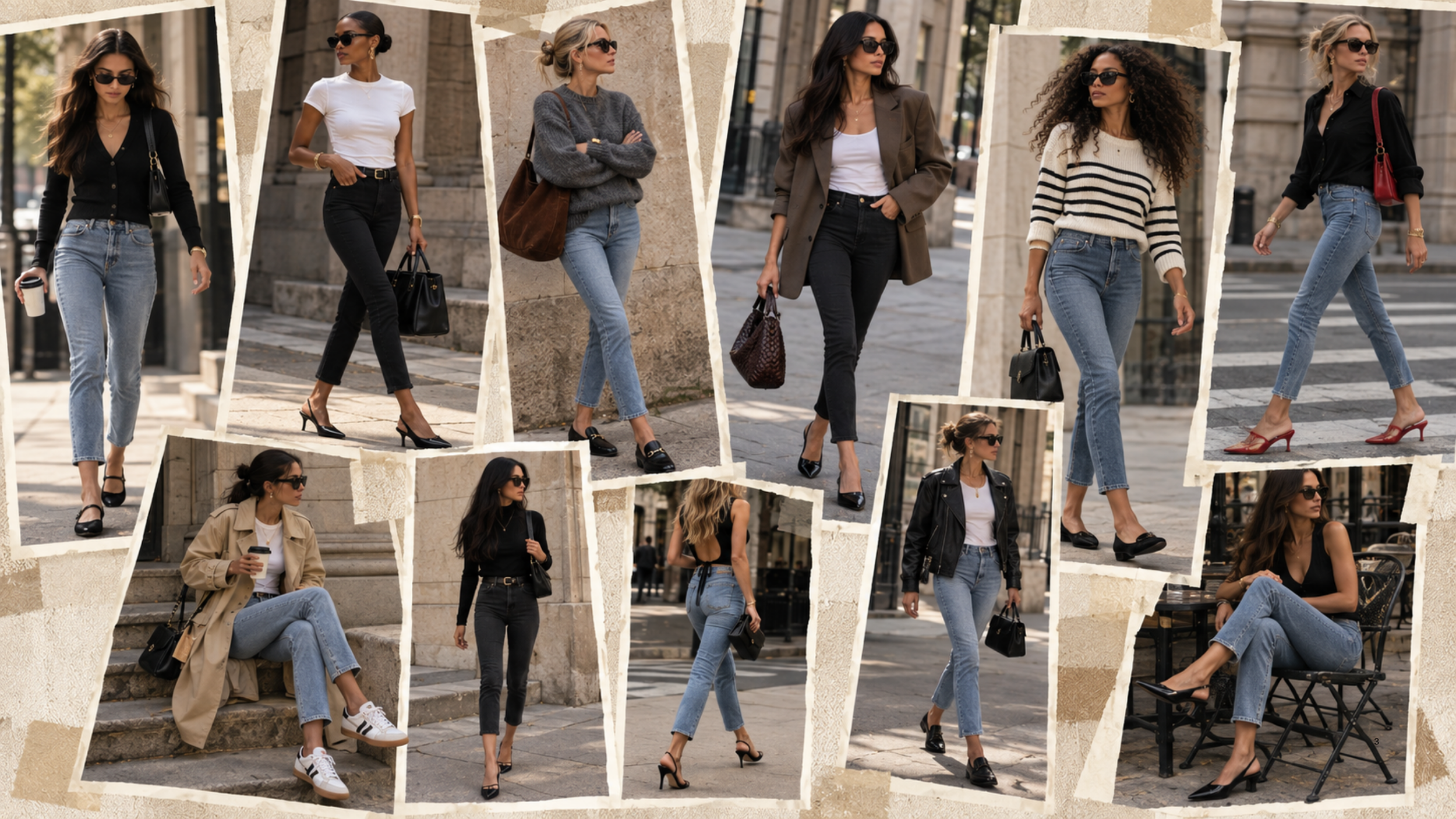 Collage featuring skinny jeans styled in trendy millennial-inspired outfits for 2027.
