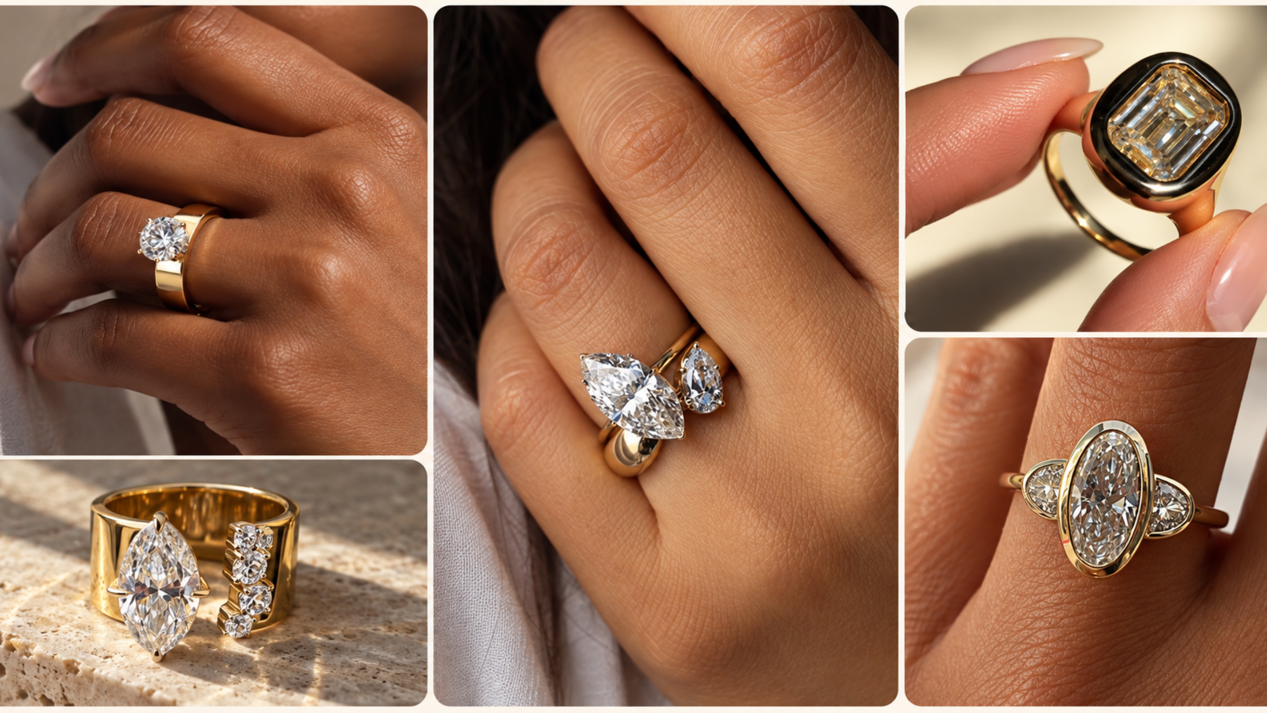 Collage of bold engagement rings featuring thick gold bands, embedded diamonds, and statement designs that can be worn without a separate wedding band.