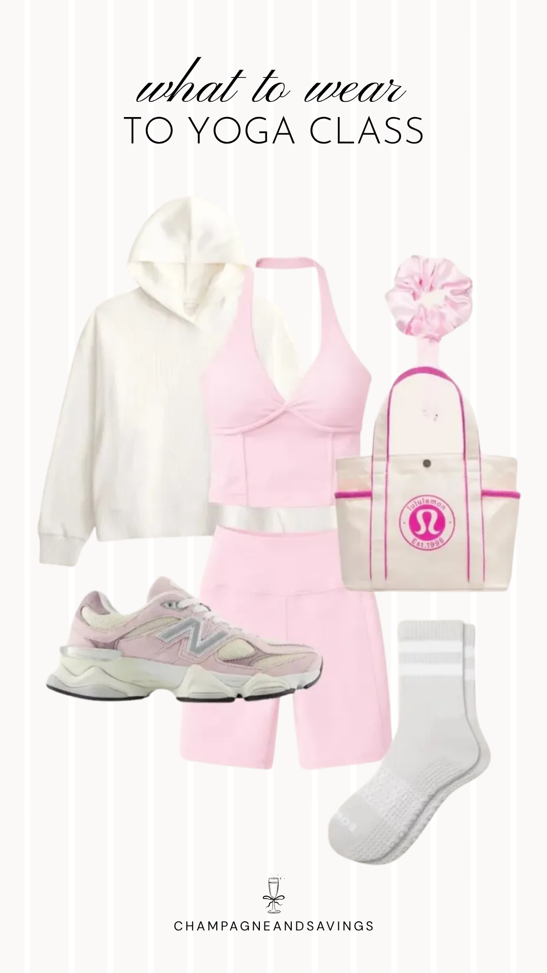 Collage of yoga outfit pieces featuring a pink halter workout set paired with a cream hoodie, creating a cozy and feminine look for yoga class, pilates, or casual athleisure wear.