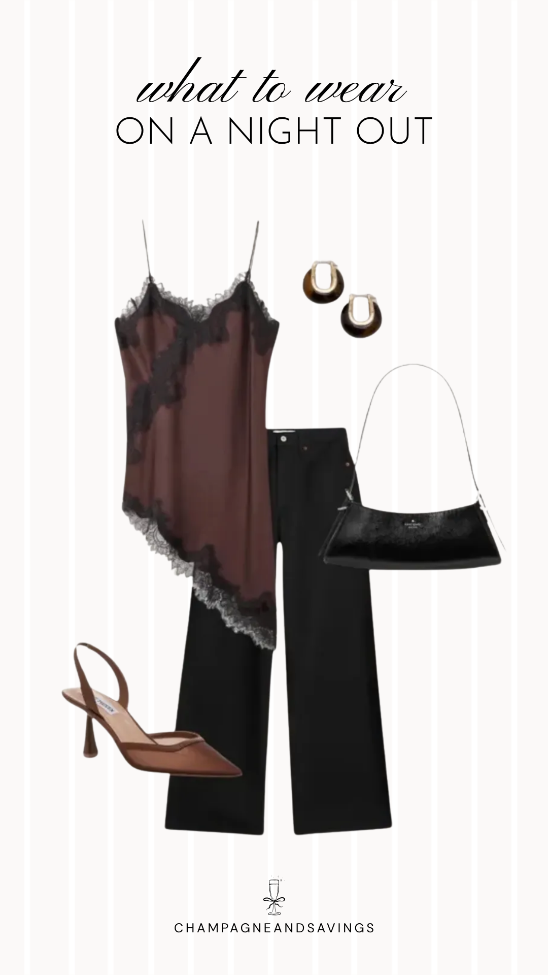 Fall going out outfit idea featuring a lace cami with wide leg pants and strappy heels, styled in a collage of outfit pieces for a chic autumn night out look.