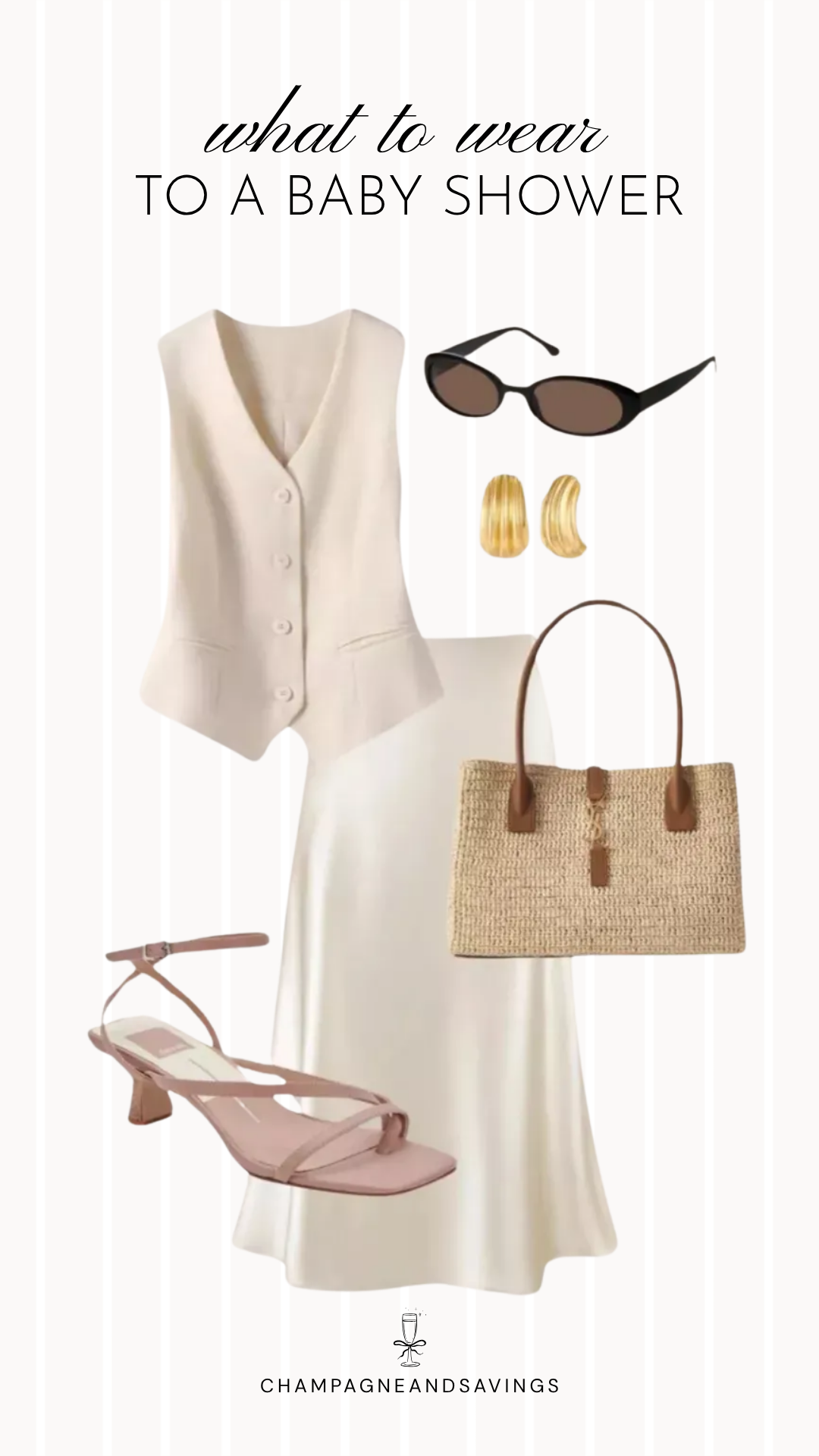 Collage of outfit pieces featuring a cream vest layered over a silky slip dress with coordinating shoes, handbag, and accessories for an elegant and trendy baby shower guest outfit idea.