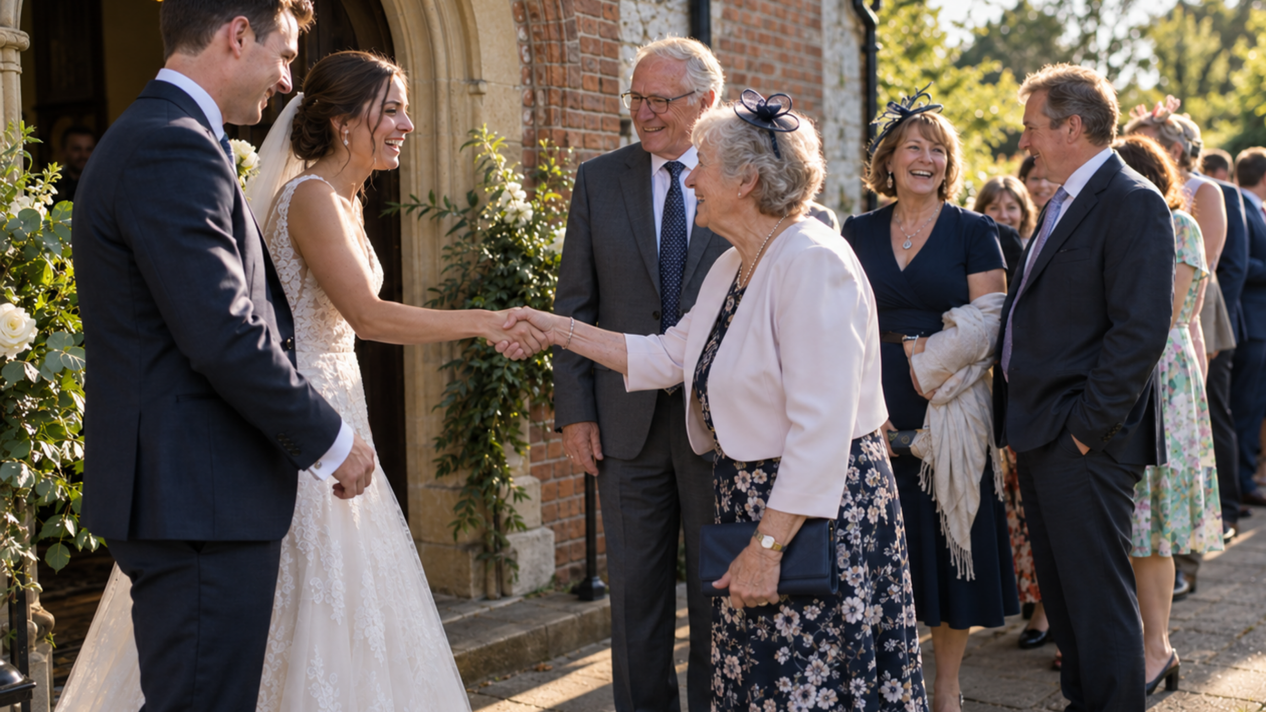 Newlyweds greeting guests lined up outside a brick church after their ceremony.