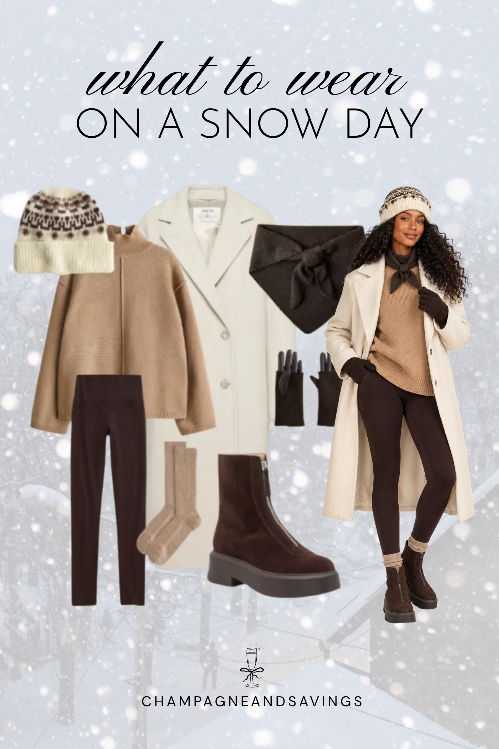 Trendy snow day outfit idea featuring a long coat, sweater, leggings, and boots, styled together for a cozy winter look.