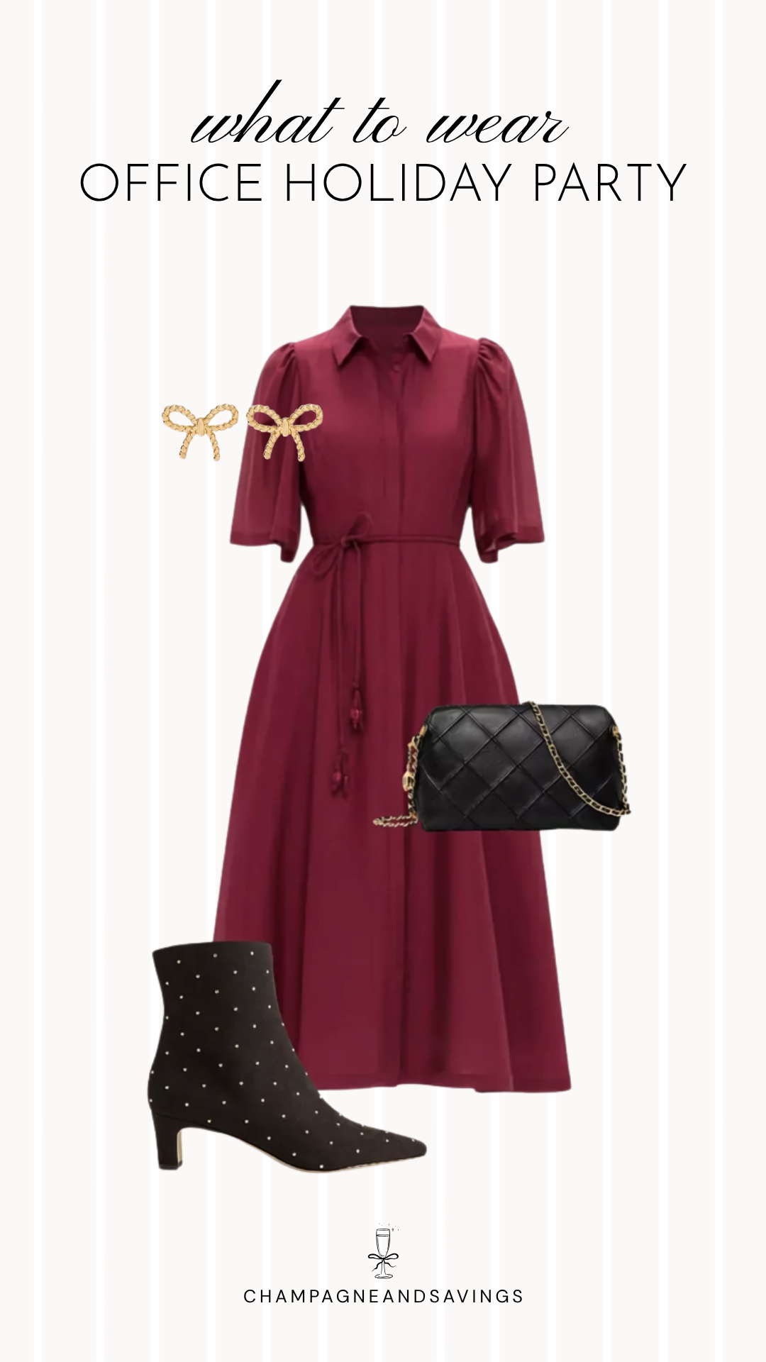 Work holiday party outfit idea featuring a burgundy midi dress styled with embellished boots and coordinating outfit pieces for a chic, festive office party look.