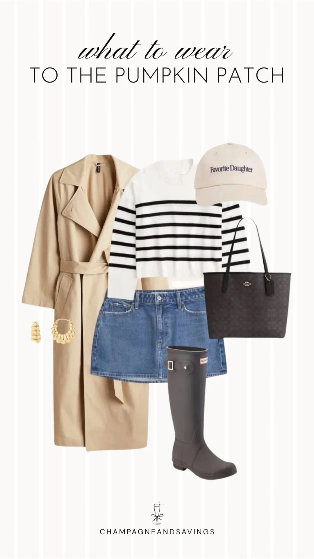 Collage of outfit pieces featuring a trench coat styled with a striped sweater and rain boots for a chic pumpkin patch outfit idea with a cozy rainy day fall vibe.