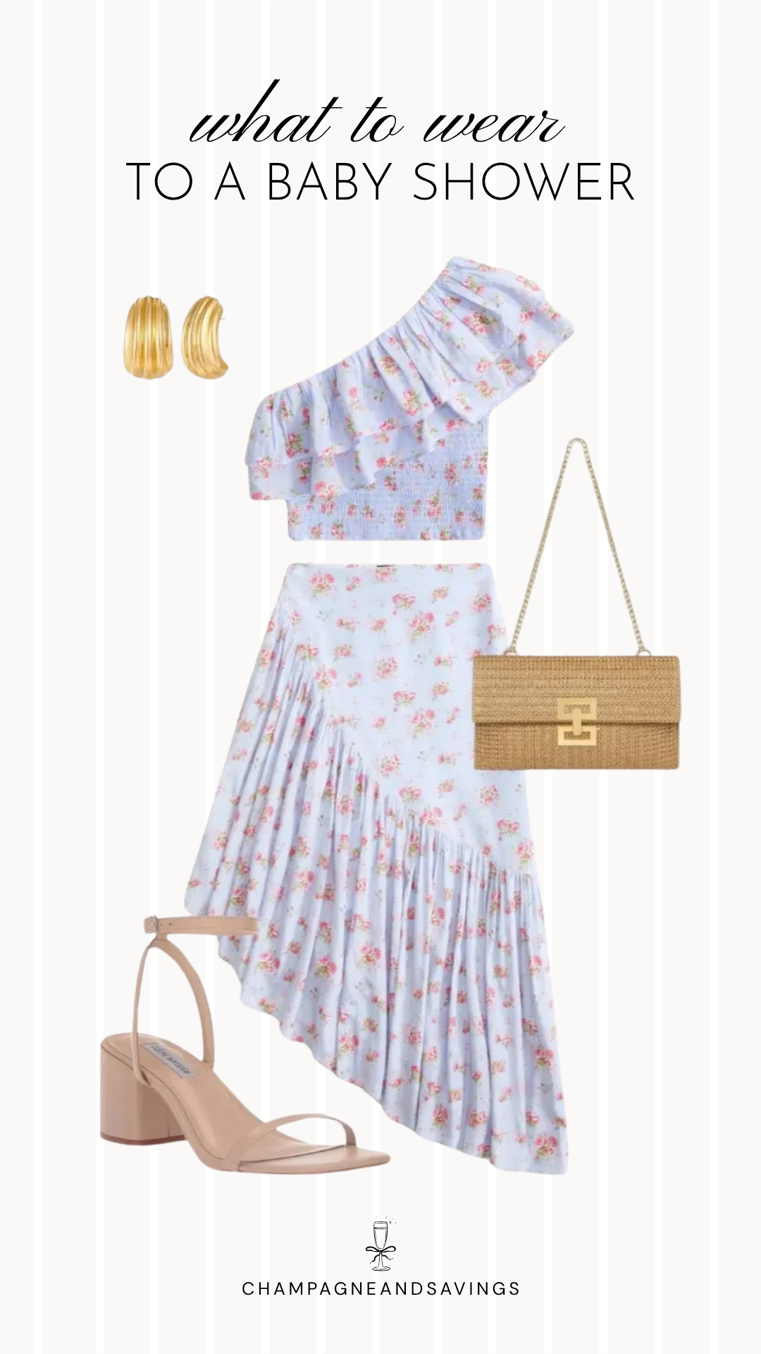 Collage of outfit pieces featuring a floral one-shoulder top paired with a ruffled skirt, coordinating shoes, handbag, and accessories for a chic and trendy baby shower guest outfit idea.