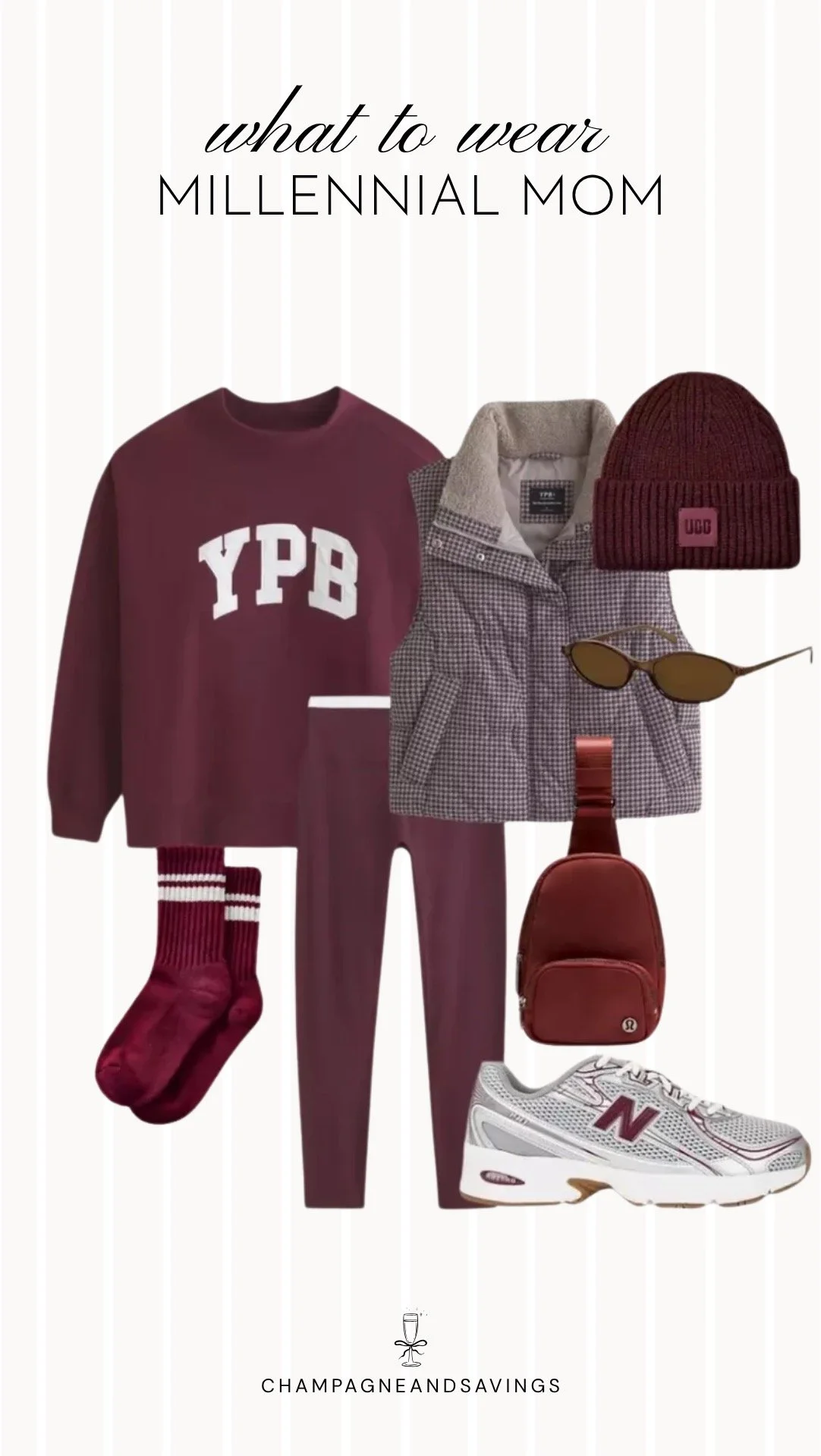 Collage of outfit pieces featuring a burgundy matching set styled with a vest and beanie for a cozy and trendy millennial mom outfit.