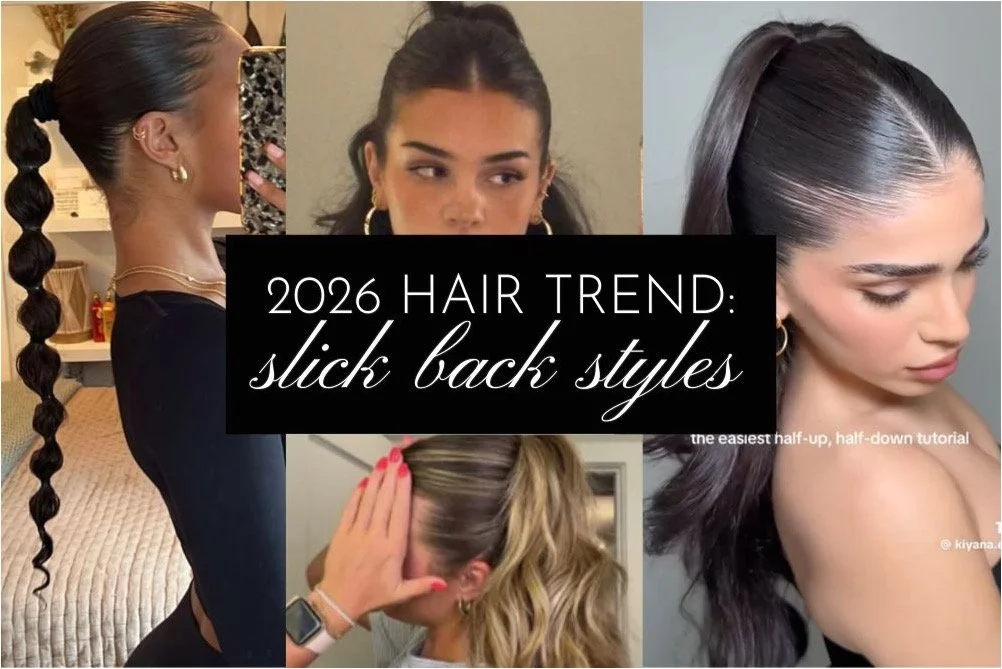 collage of the 2026 hair trend: slick back styles