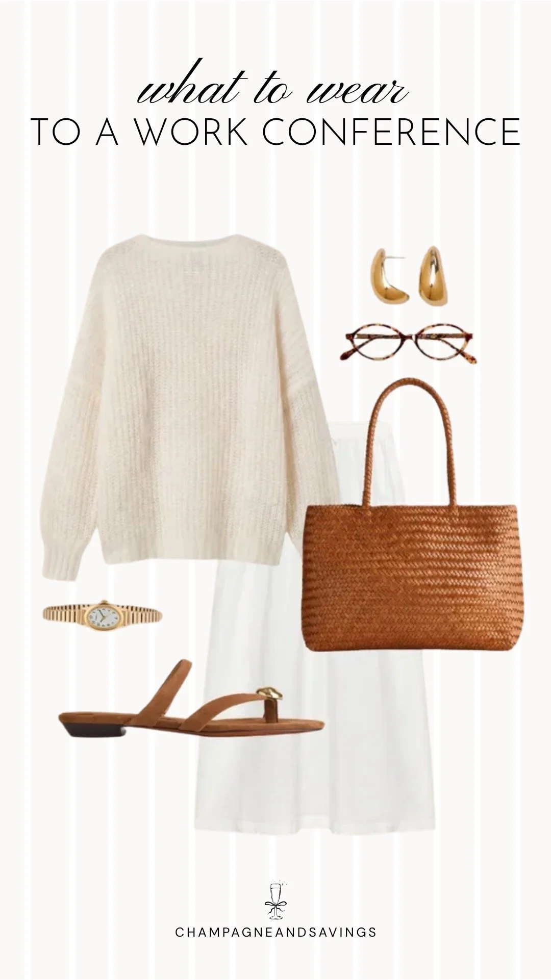 Collage of work conference outfit pieces featuring an oversized sweater, white skirt, and woven sandals for a polished yet relaxed professional look.