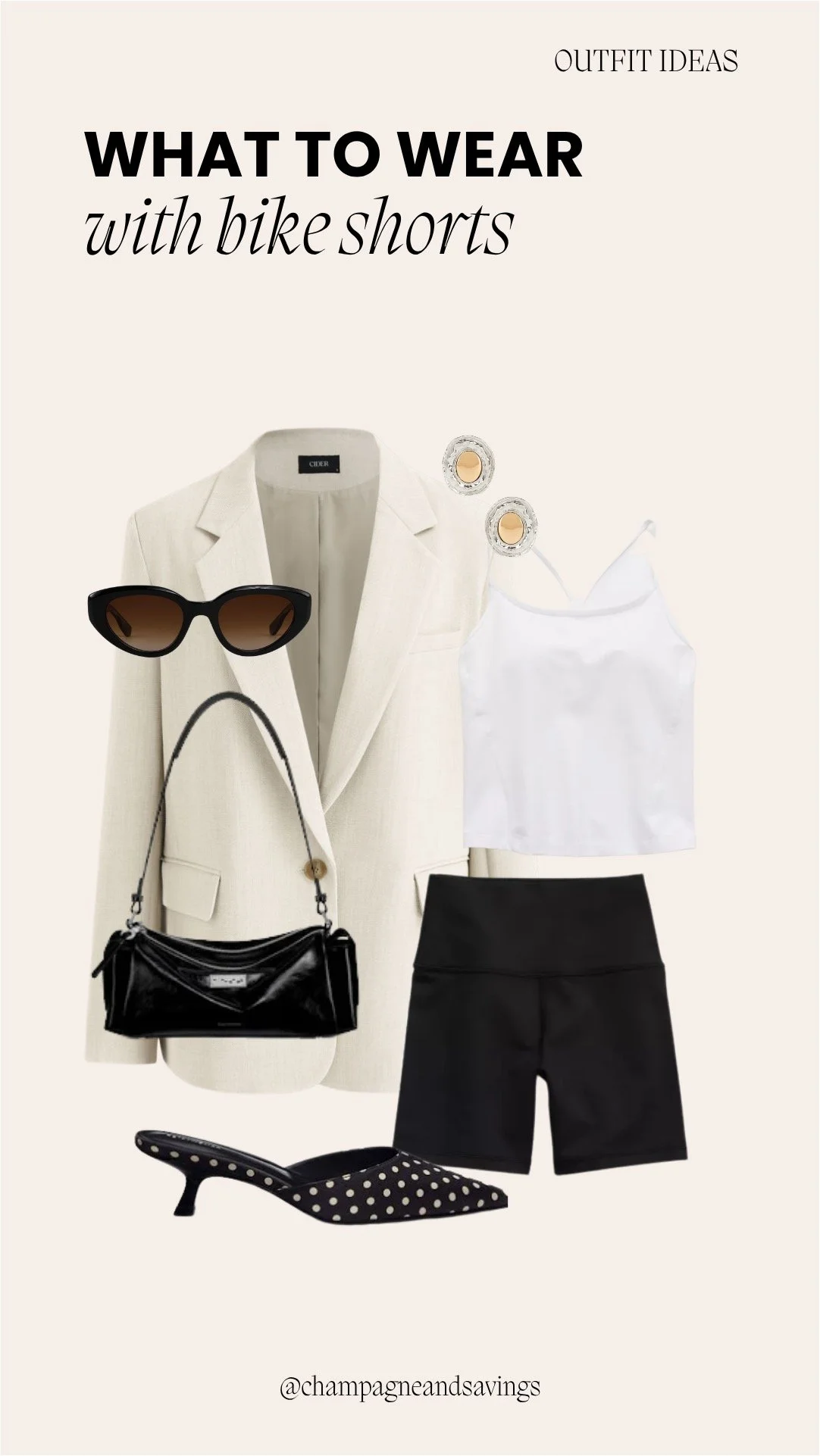 collage of bike shorts outfit idea featuring black bike shorts styled with a tailored blazer and kitten heel mules, including outfit pieces arranged on a clean background
