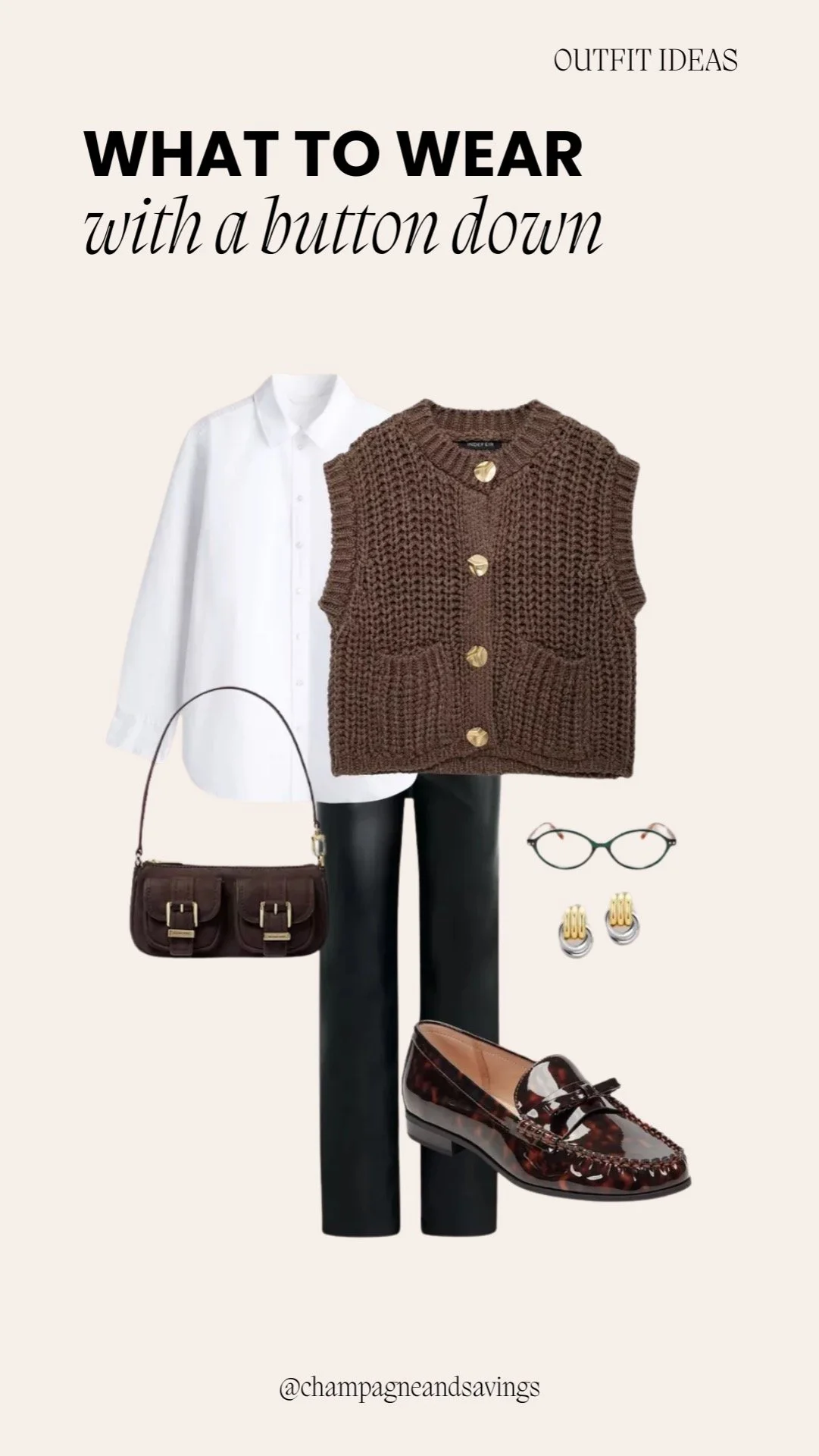 Button down shirt outfit idea featuring a chunky knit vest layered over a button-down shirt with trousers, shown in a collage of outfit pieces.