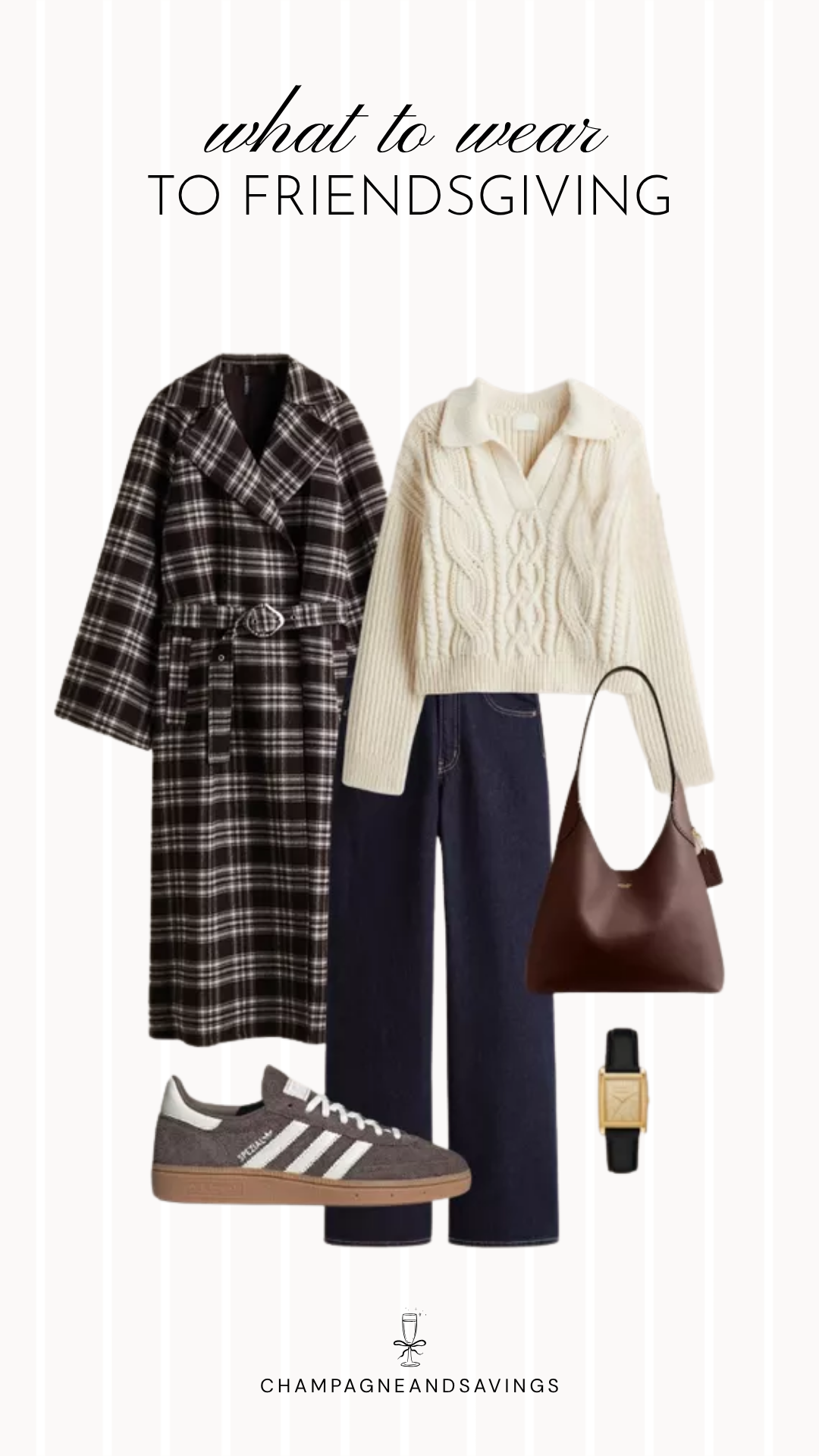 Friendsgiving outfit idea featuring a cable knit sweater layered with a plaid coat and paired with sneakers, styled together in a cozy fall fashion collage for a comfortable and stylish holiday gathering.