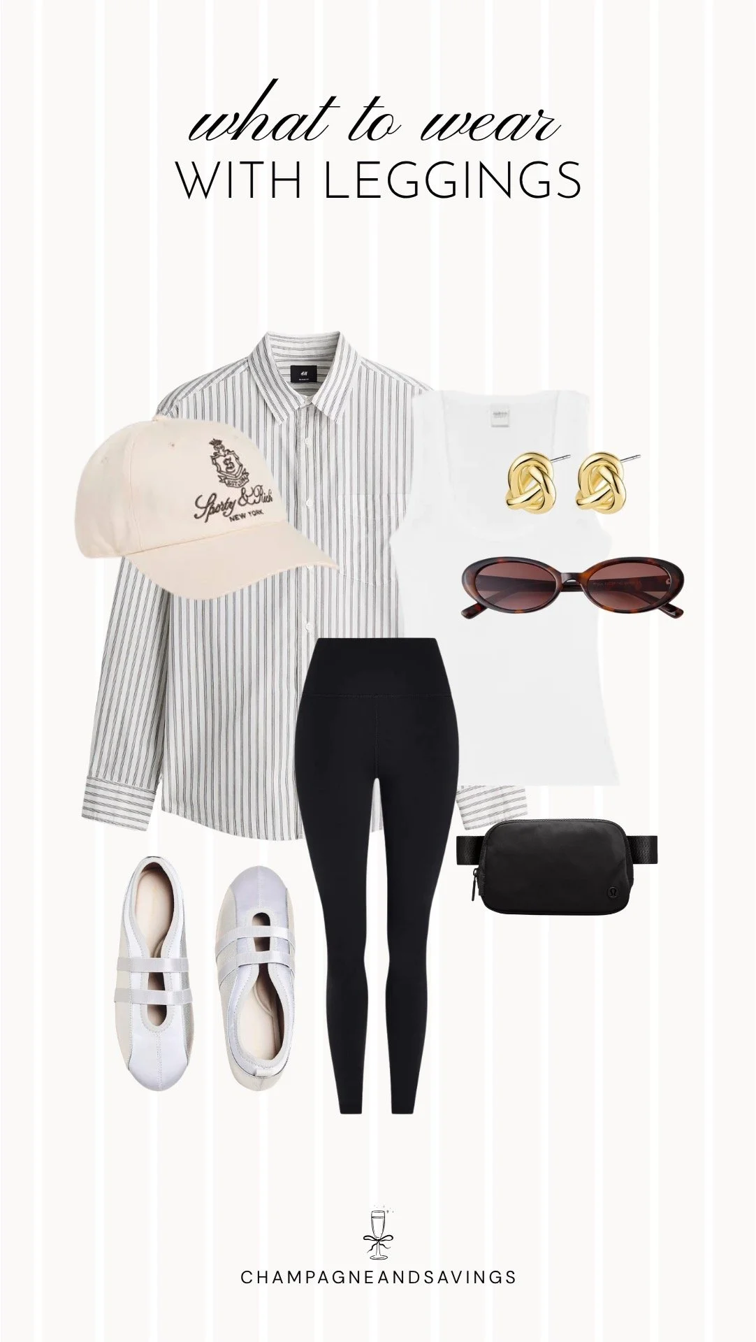 Collage of outfit pieces featuring black leggings styled with an oversized button down shirt and ballet flats for a casual yet polished fall outfit.