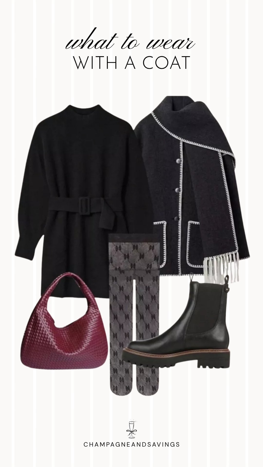 Coat styling idea featuring a sweater dress layered with a wrap coat and paired with printed tights, shown in a fall fashion collage with coordinated outfit pieces for a cozy and sophisticated layered look.