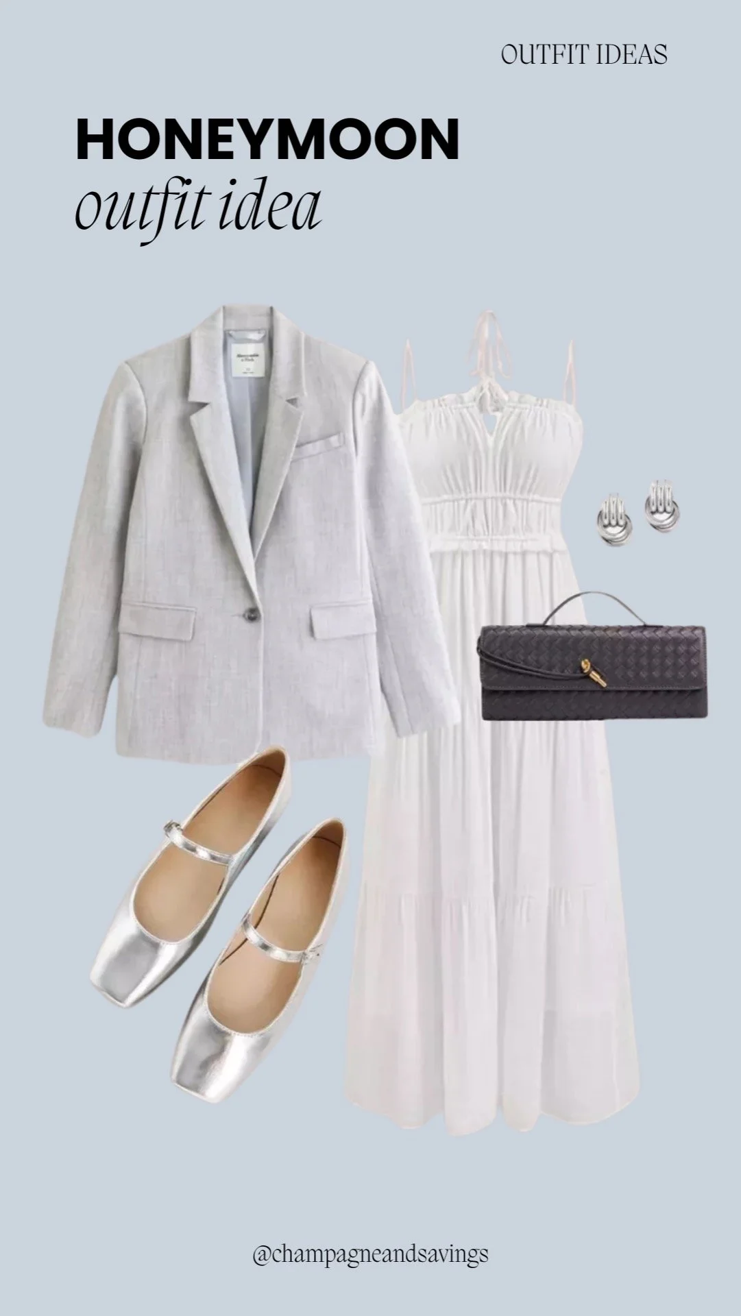 Honeymoon outfit idea collage featuring a white maxi dress paired with a gray blazer, styled with accessories for a sophisticated and polished bridal vacation look.