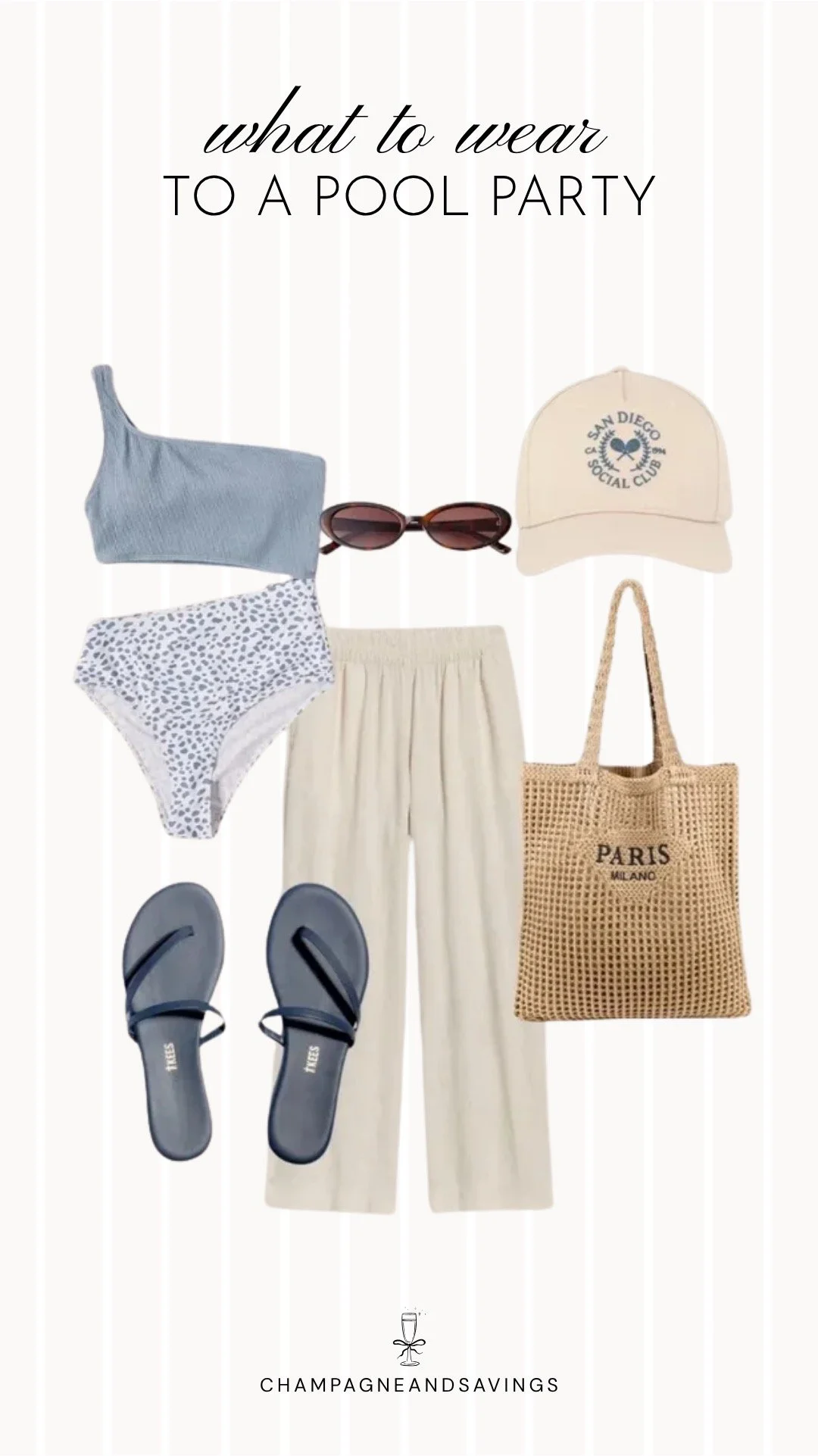 Collage of outfit pieces featuring a blue bikini styled with linen pants for a relaxed and stylish pool party outfit idea.