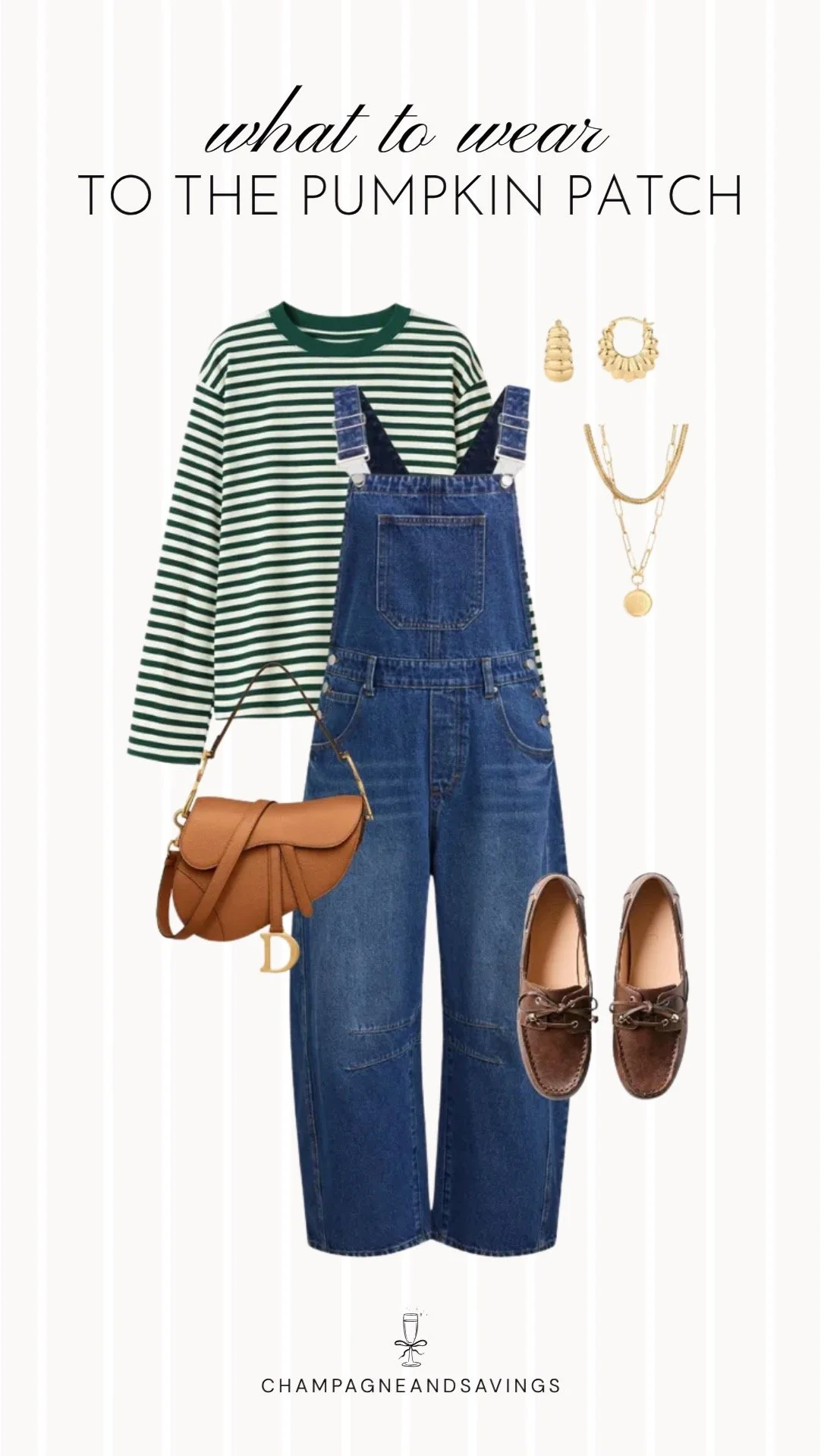 Collage of outfit pieces featuring a striped long sleeve top styled with denim overalls and boat shoes for a cute and casual pumpkin patch outfit idea with a relaxed fall vibe.