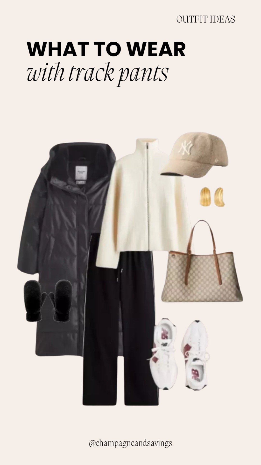 Collage of outfit pieces for an “All Black Track Pants with Cozy Layers” look, featuring black track pants paired with soft layered tops and casual accessories, styled in a relaxed cozy sporty aesthetic.