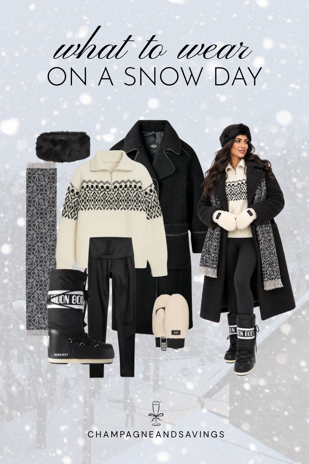 Trendy snow day outfit idea featuring a Fair Isle sweater, leggings, and a teddy coat, shown in a collage of outfit pieces.