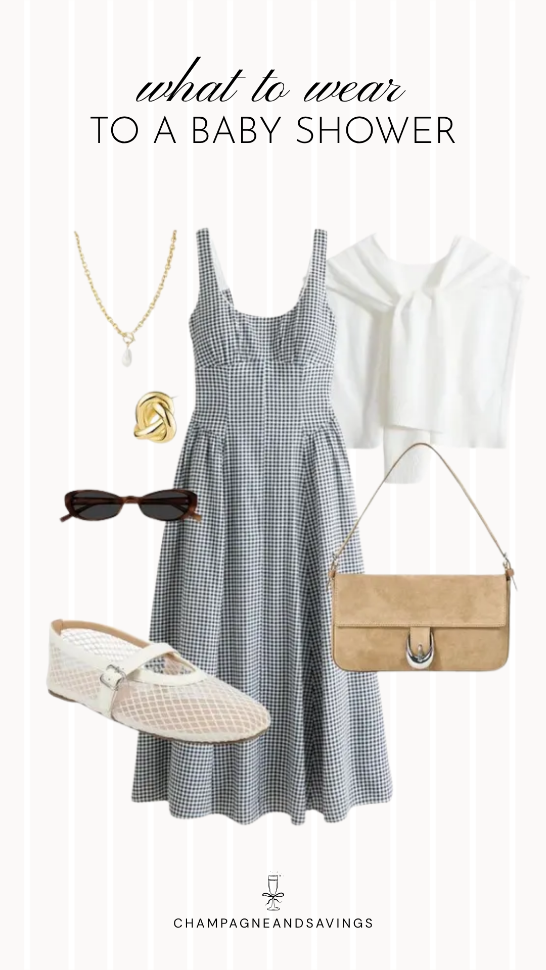 Collage of outfit pieces featuring a gingham midi dress paired with a ruffled top, coordinating shoes, handbag, and accessories for a stylish and trendy baby shower guest outfit idea.