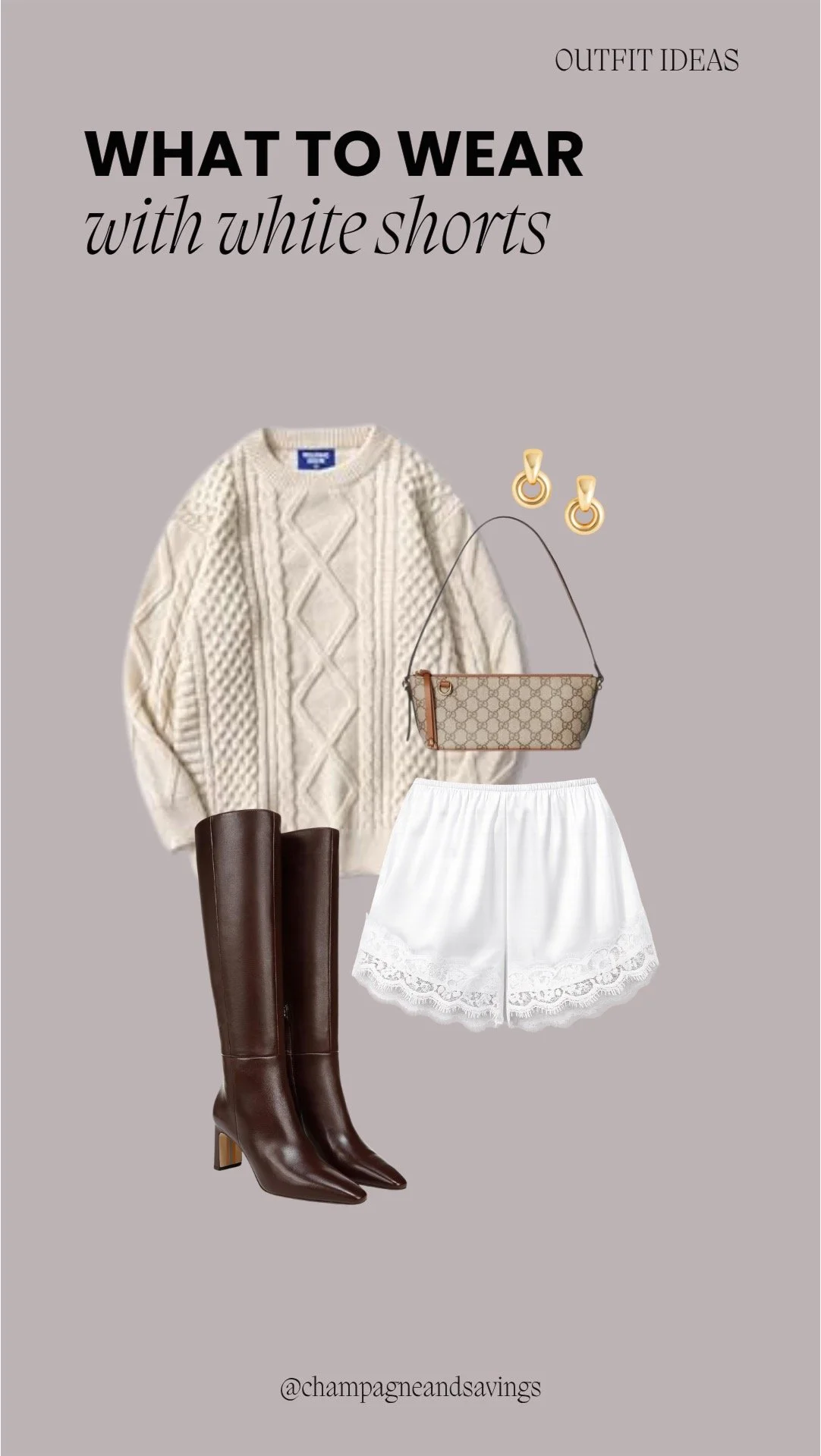 Collage of outfit pieces featuring white shorts styled with a cable knit sweater and tall boots for a chic, transitional look.