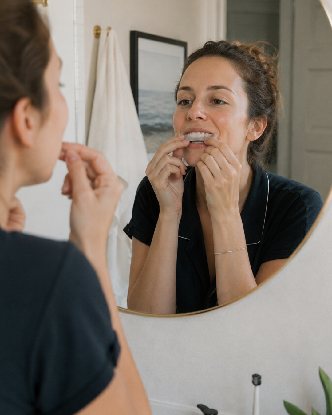 Image of a woman in her bathroom applying a whitening strip to her teeth.