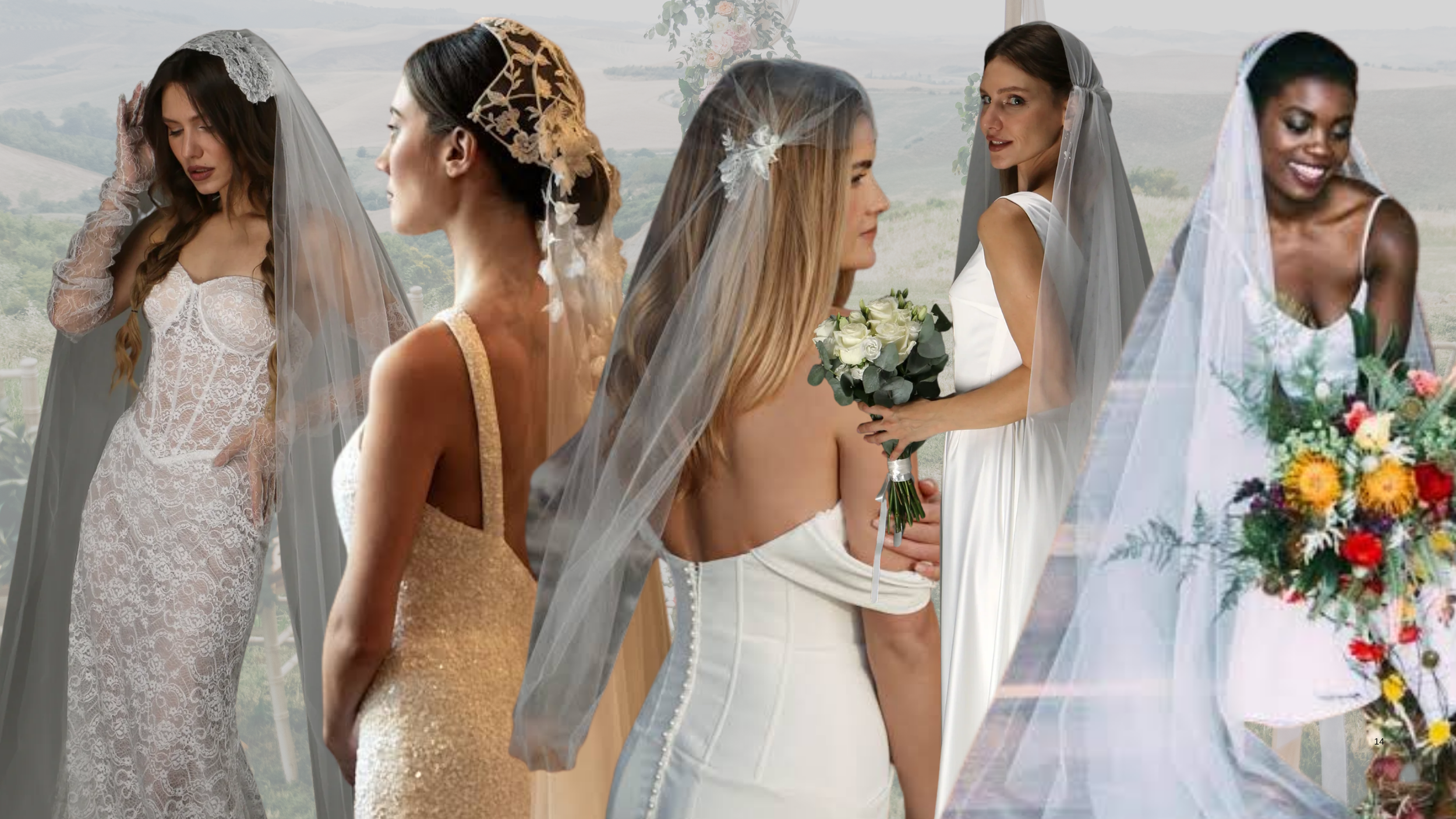 Collage of trending wedding gowns for 2027 featuring juliet cap veils.
