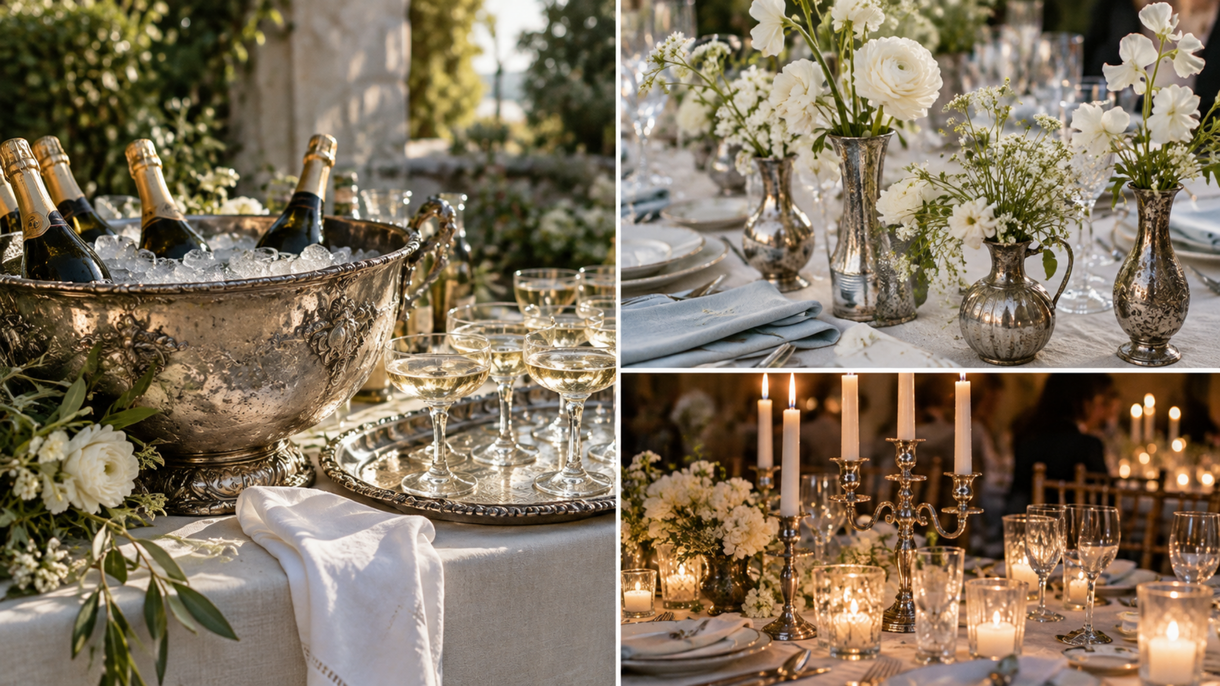 Vintage silver wedding decor featuring an ornate champagne bucket, mismatched flower vases, and candlelit silver candelabras.
