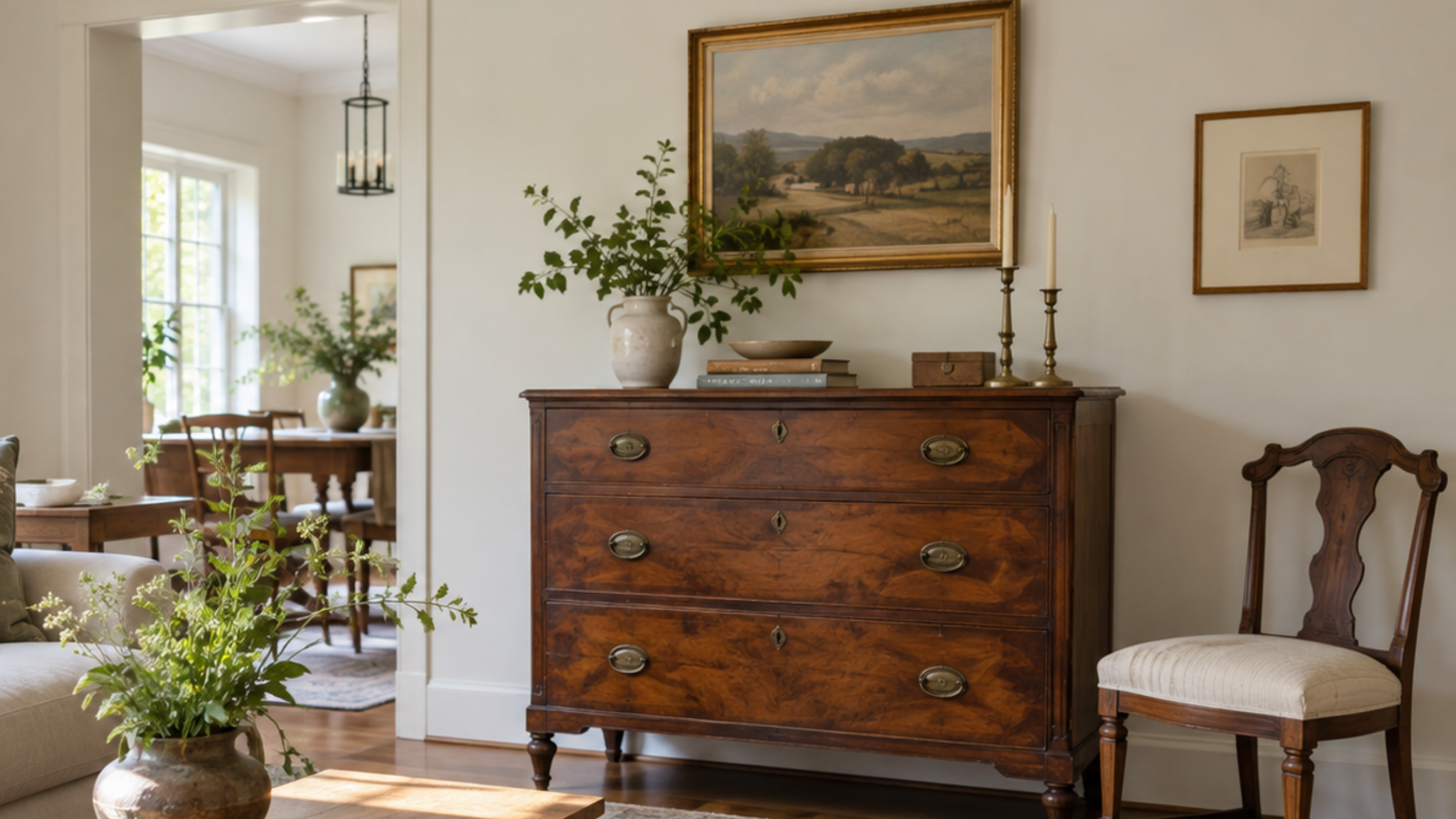 Collected living room featuring an antique wood dresser, vintage side chairs, and contemporary sofa