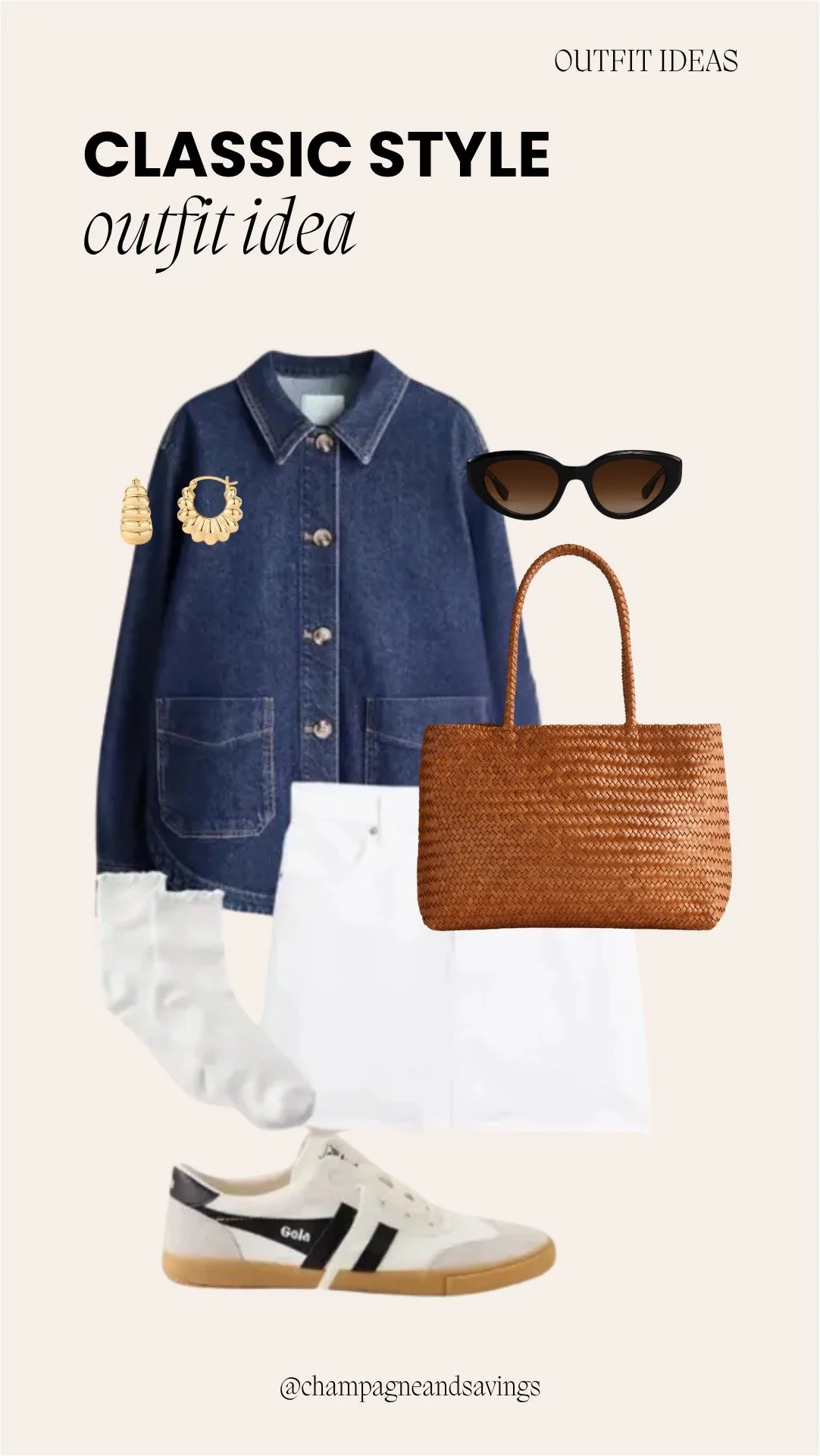 Image of a classic outfit collage featuring a denim jacket layered over a white skirt and sneakers styled together with coordinating accessories arranged as outfit pieces
