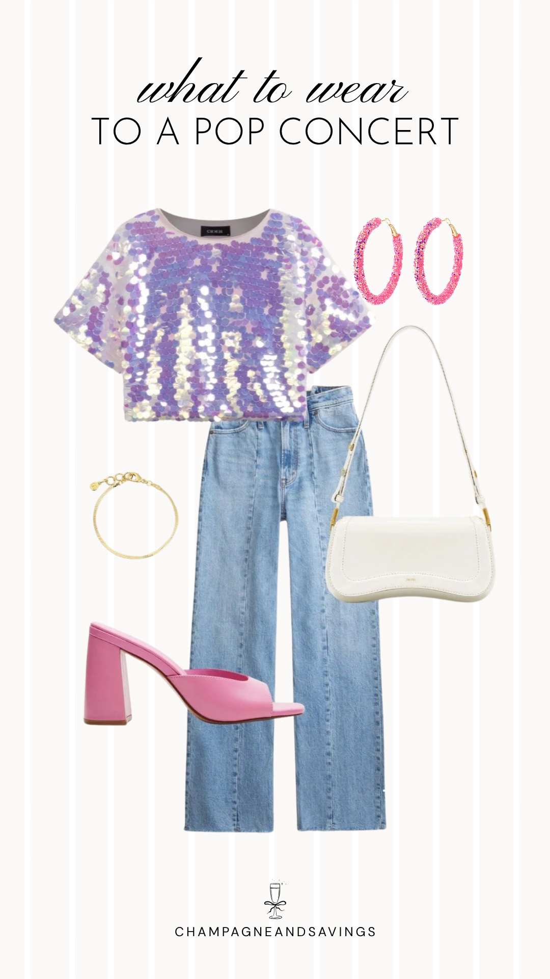 Collage of outfit pieces featuring a sequin tee paired with jeans and pink heels, creating a fun and festive pop concert outfit idea with a touch of sparkle.