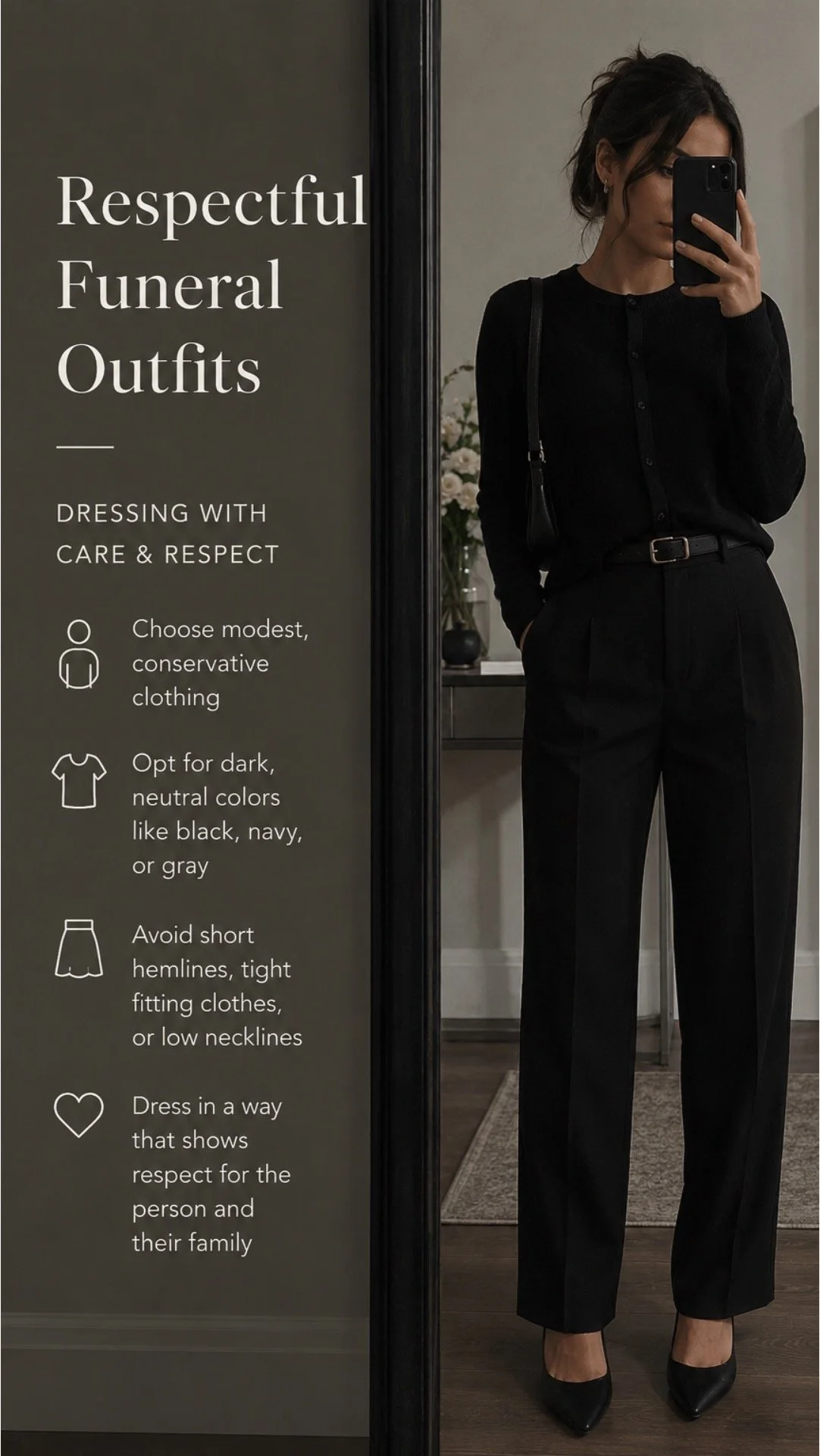 Image that says Respectful Funeral Outfits and has a list of how to dress with care and respect.