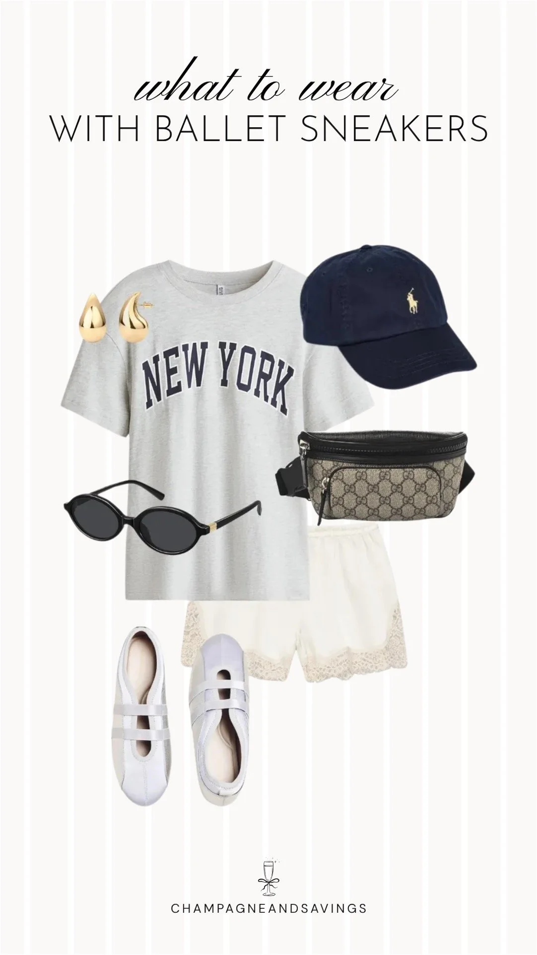Collage of outfit pieces featuring ballet sneakers styled with a graphic tee and lace shorts for a casual outfit that mixes laid-back and feminine elements.