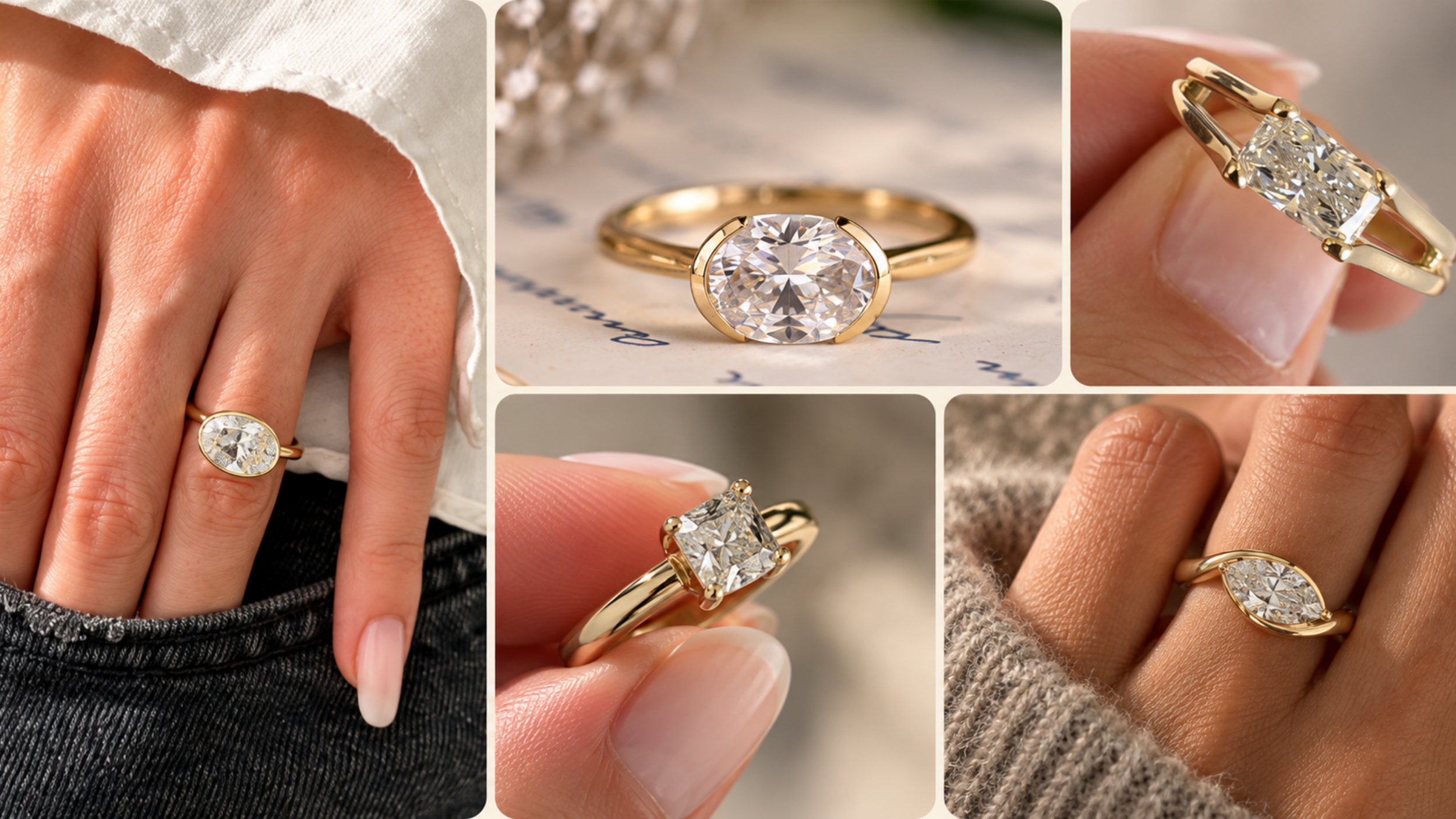 Collage of east-west engagement rings featuring horizontally set oval, emerald cut, and marquise diamonds in modern gold settings.