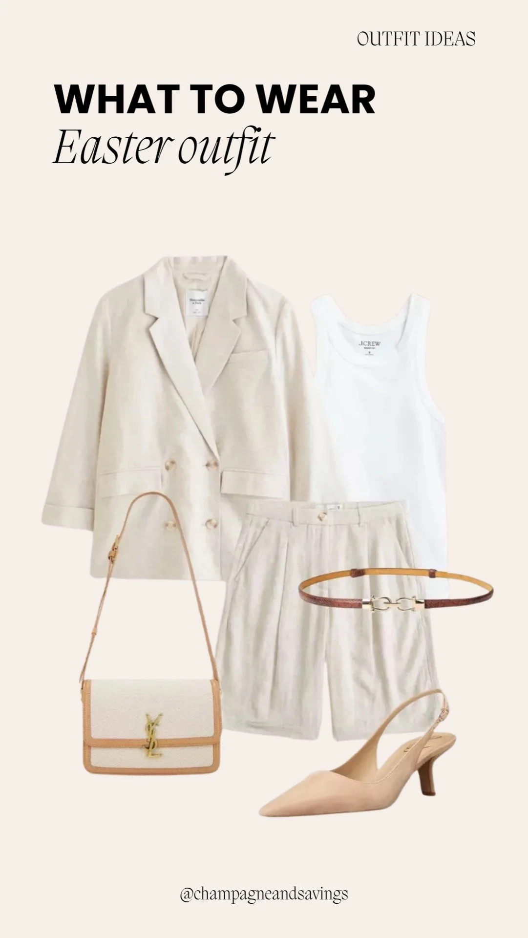 Easter outfit ideas collage showing a matching blazer paired with linen shorts and coordinating accessories.