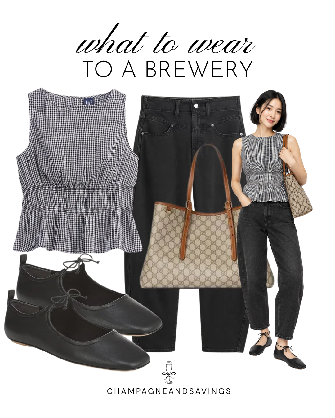Cute brewery date outfit with a black and white gingham peplum top, relaxed black jeans, and black lace-up ballet flats.