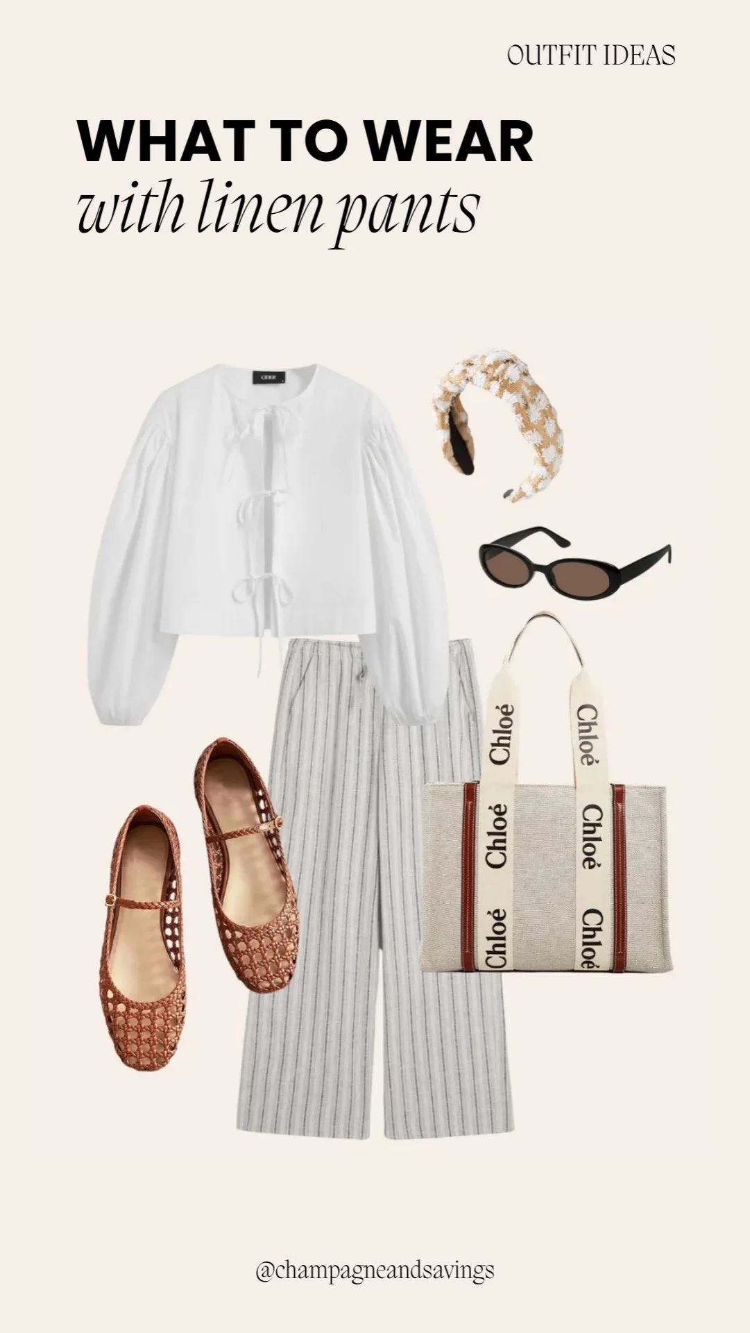 Linen pants outfit styled with a white tie-front top and casual accessories for a chic and effortless spring look.