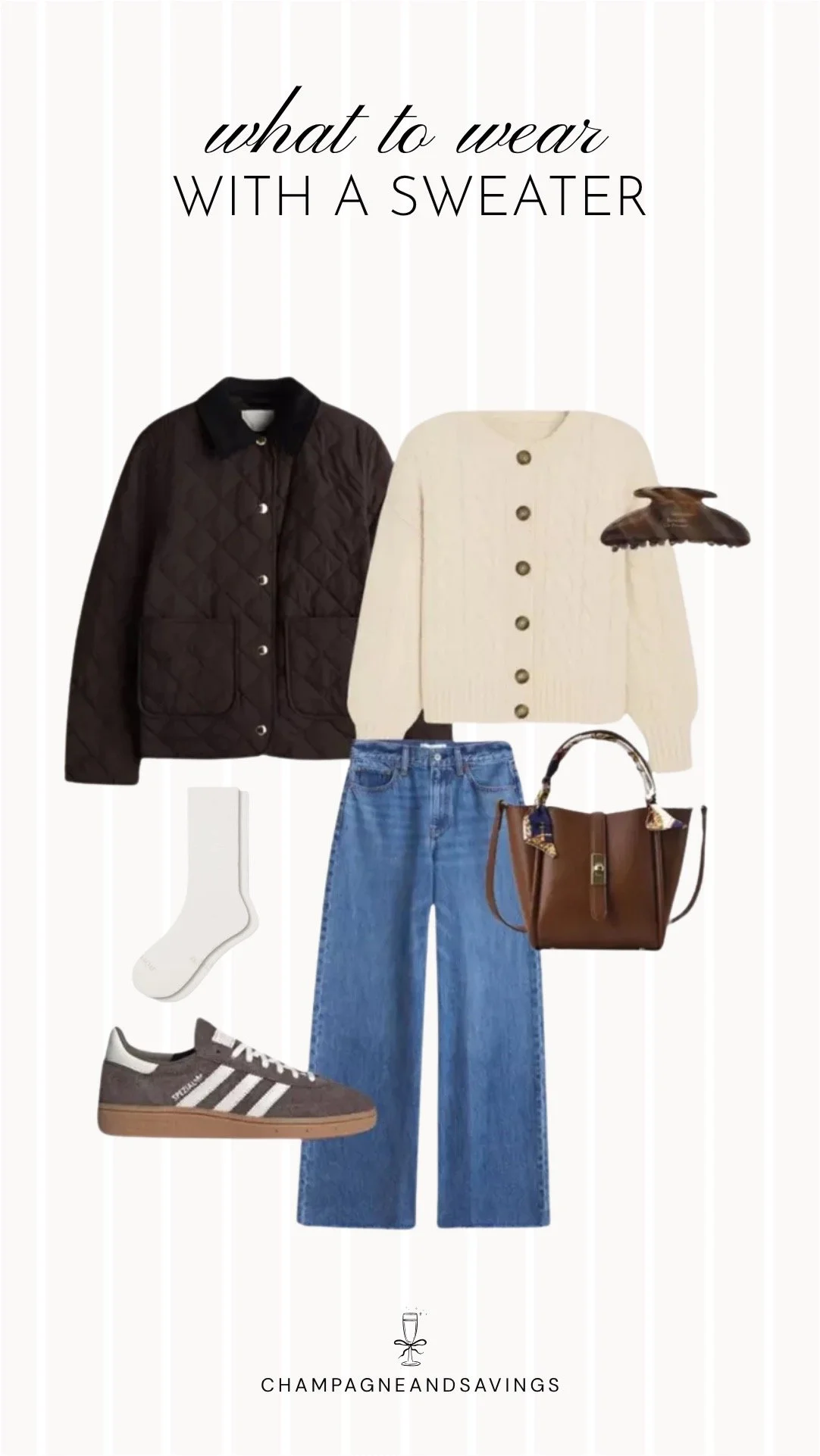 Collage of outfit pieces featuring a cream cardigan layered with a quilted jacket and wide leg jeans for a cozy and casual sweater outfit idea.