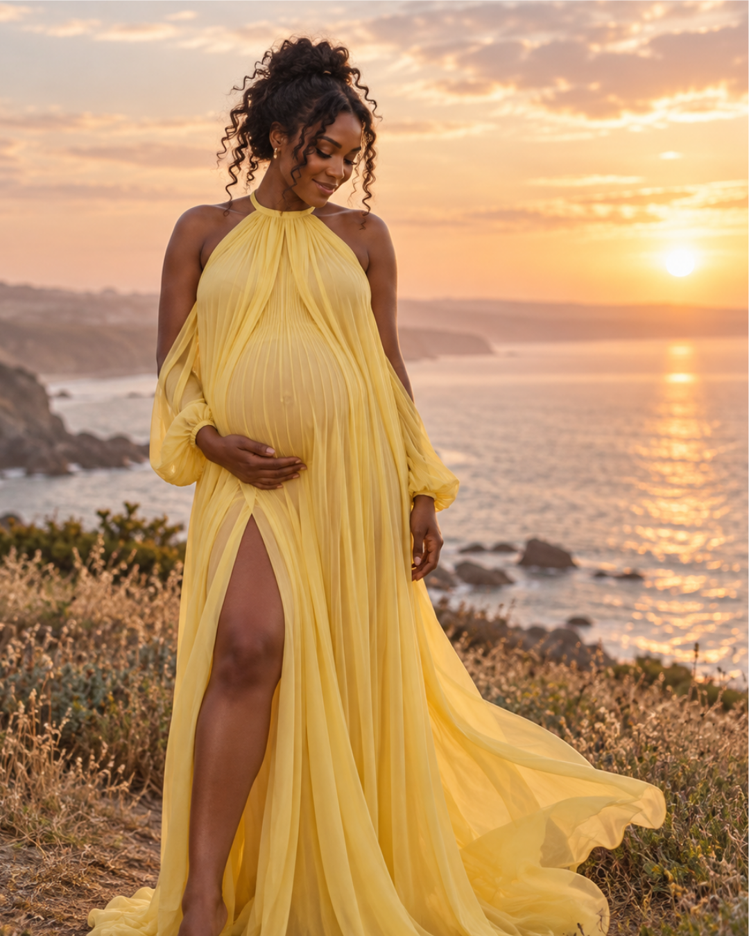 Yellow halter maternity gown at coastal overlook