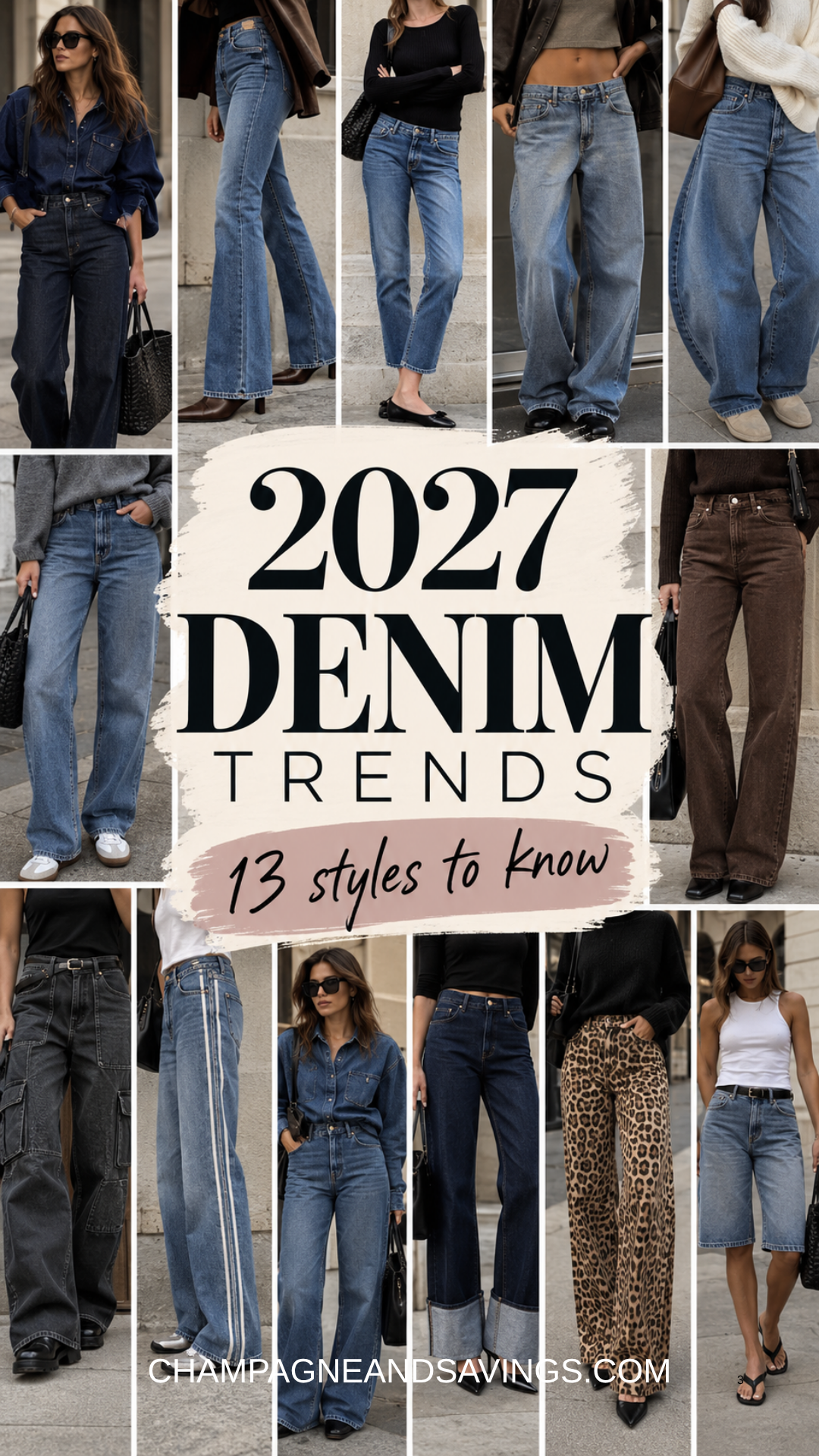 Image that says 2027 Denim Trends 13 Styles to Know and has a collage of girls in outfits with styled denim in the background.