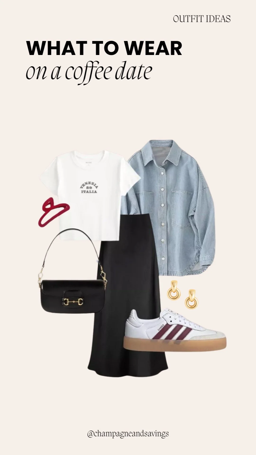 Coffee date outfit ideas collage featuring styled pieces including a graphic tee and denim layer for a casual, effortless café look