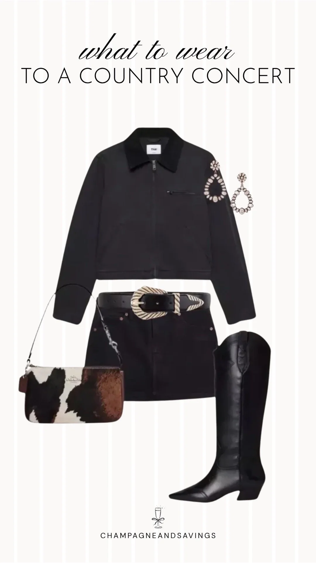 Collage of outfit pieces featuring an all black mini skirt outfit styled with a cow print bag for a trendy and edgy country concert outfit idea.