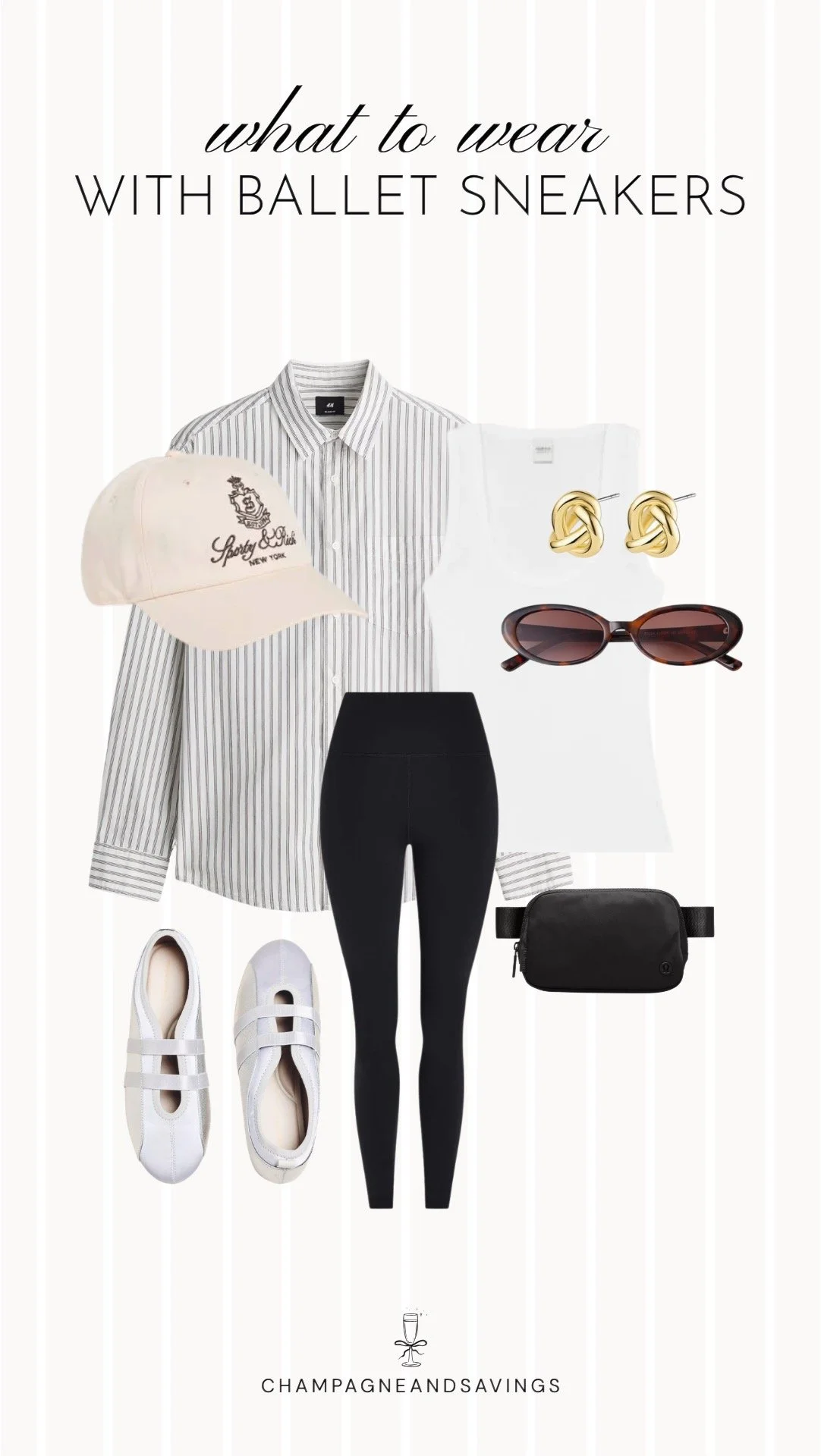 Collage of outfit pieces featuring black leggings, an oversized button-down shirt, and ballet sneakers styled together for a comfortable and effortless everyday outfit.