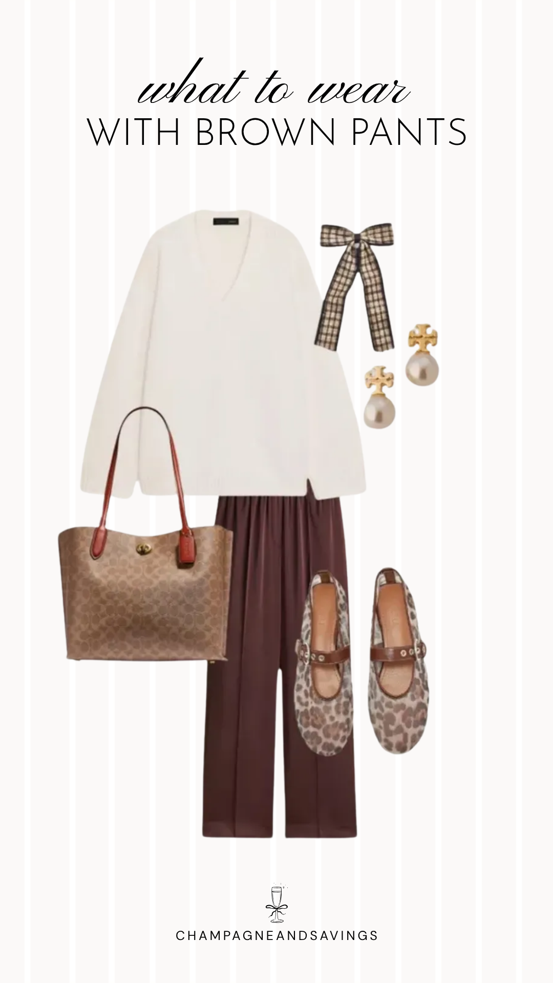 Brown pants outfit idea collage featuring an oversized sweater styled with a hair bow and brown wide leg pants for a cozy, effortlessly chic look.