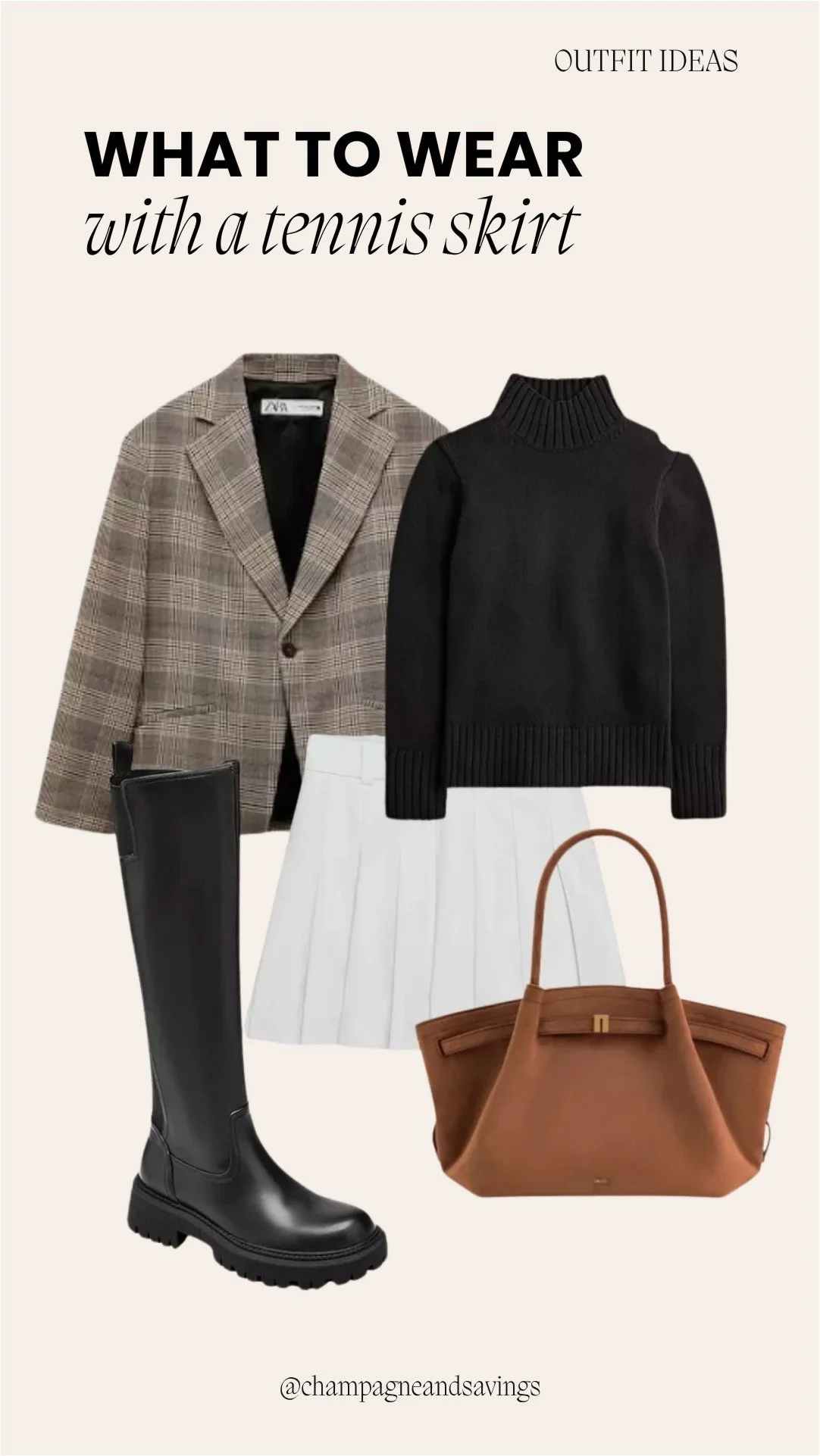 Tennis skirt outfit collage featuring a pleated tennis skirt styled with a fitted turtleneck and a plaid blazer for a polished, preppy look.