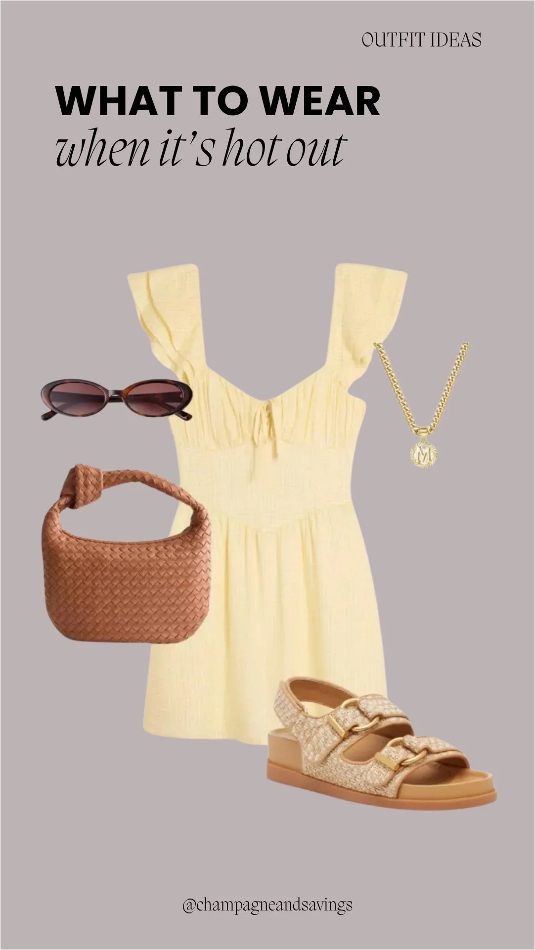 Hot weather outfit collage featuring a yellow ruffle mini dress styled with woven sandals for a bright, airy summer look